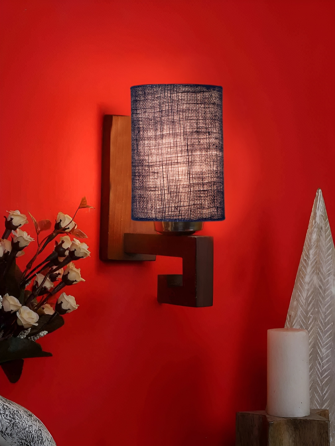

Devansh Blue & Brown Cylinder Shaped Contemporary Wooden Wall Lamp