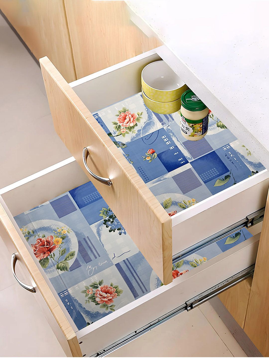 

Kuber Industries Blue & Orange 3 Pieces Printed Shelf Liner Organisers