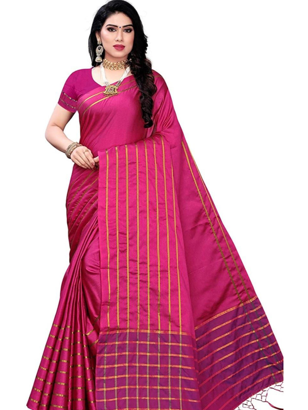 

Maroosh Cotton Blend Saree with unstitched blouse piece, Pink