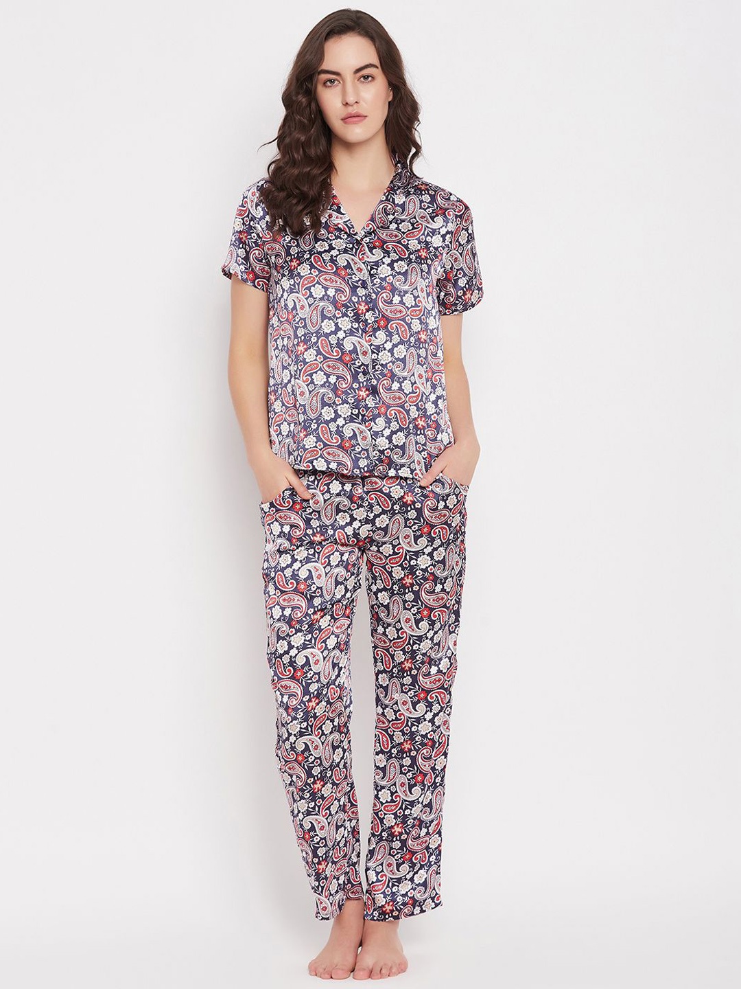 

Clovia Women Floral Print Night suit, Navy blue