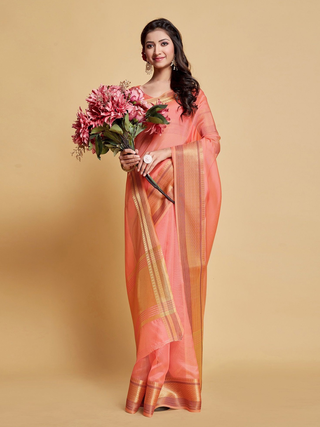 

MAHALASA Ethnic Motifs Zari Organza Saree, Pink