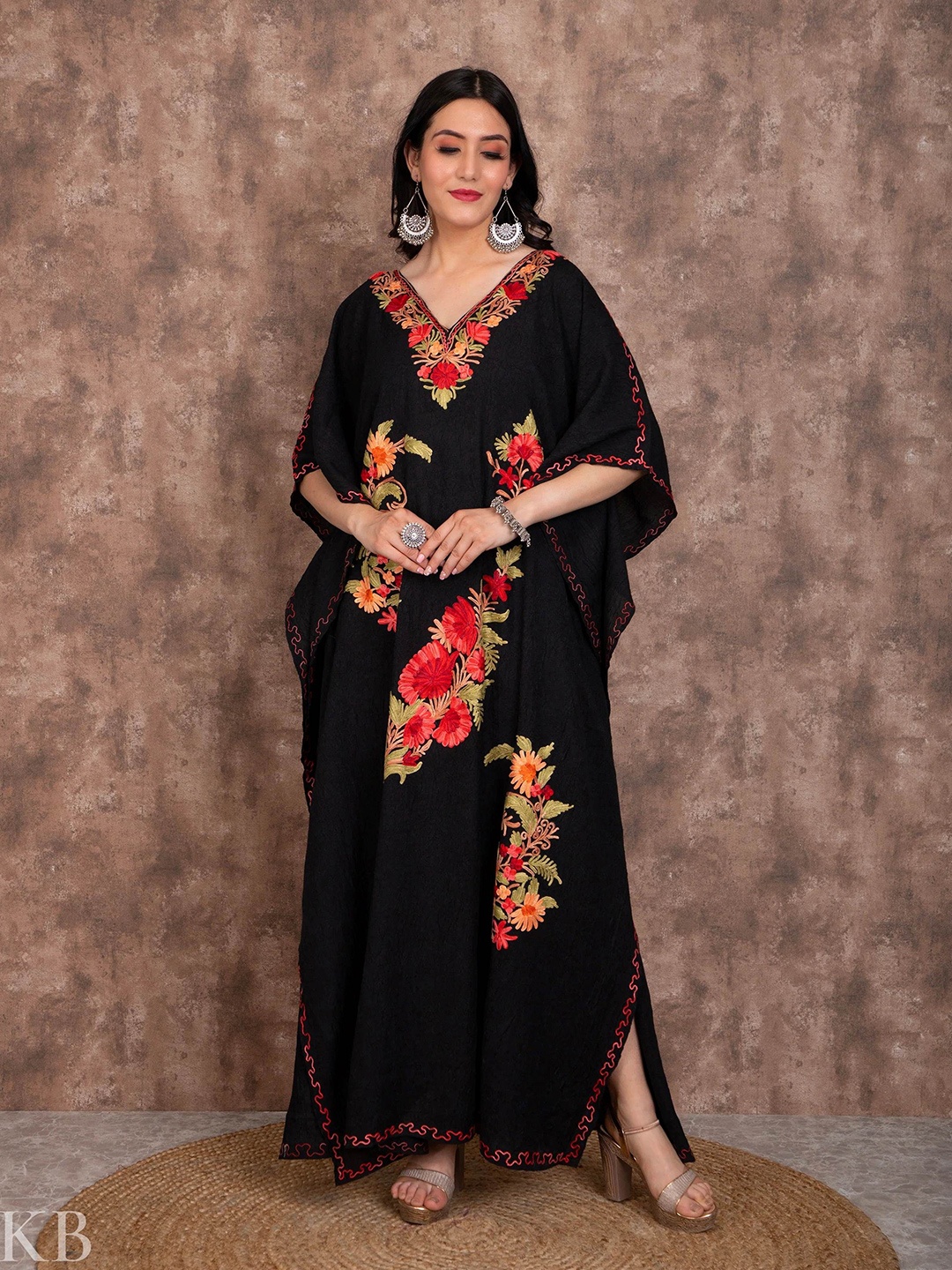 

Kashmir Box Floral Embroidered Kimono Sleeve Kaftan Maxi Cotton Dress, Black