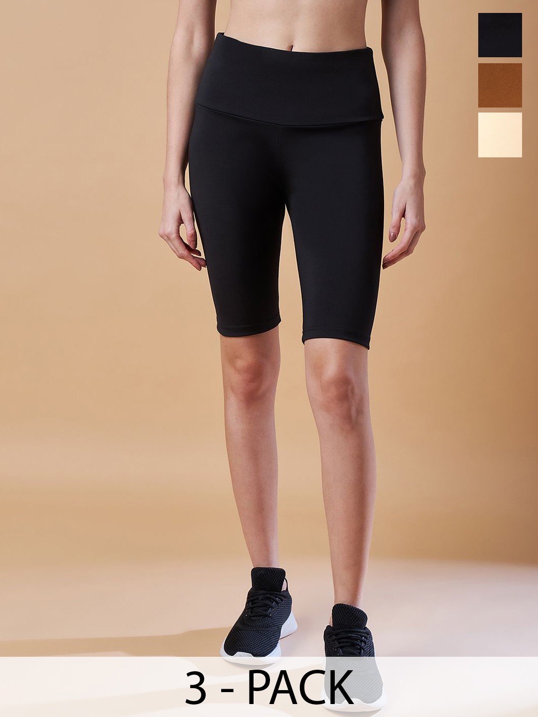 

COLOR CAPITAL Women Pack Of 3 Above Knee Length Cycling Tights, Black