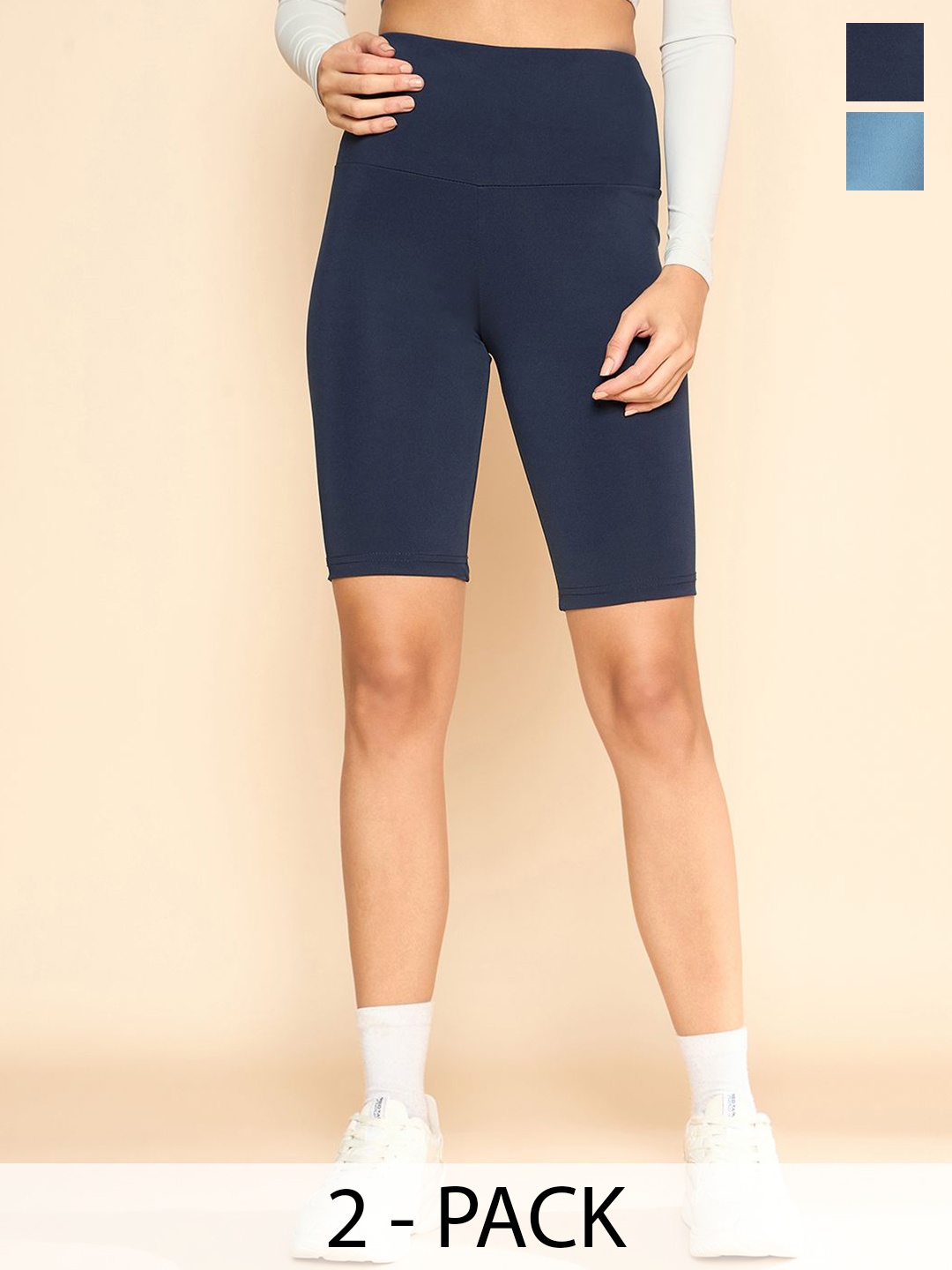 

COLOR CAPITAL Pack Of 2 Women Solid Mid- Rise Cycling Tights, Blue