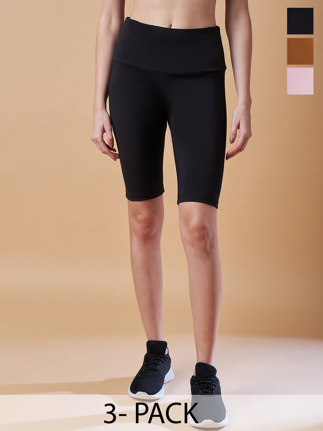 

COLOR CAPITAL Pack Of 3 Women High Rise Above Knee Gym Tights, Black