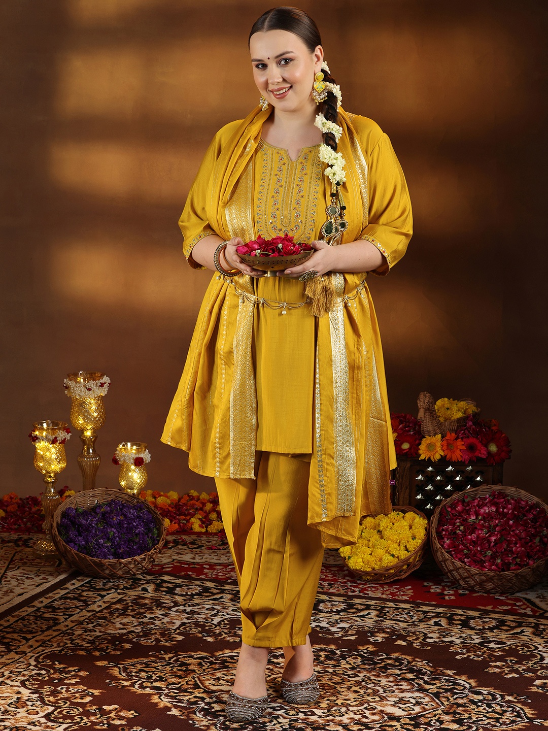 

EXTRA LOVE BY LIBAS Plus Size Floral Yoke Design Sequinned Kurta With Trouser & Dupatta, Yellow