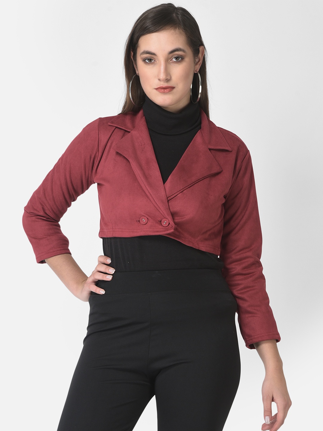 

FNOCKS Women Solid Notched Lapel Collar Crop Woollen Pea Coat, Maroon