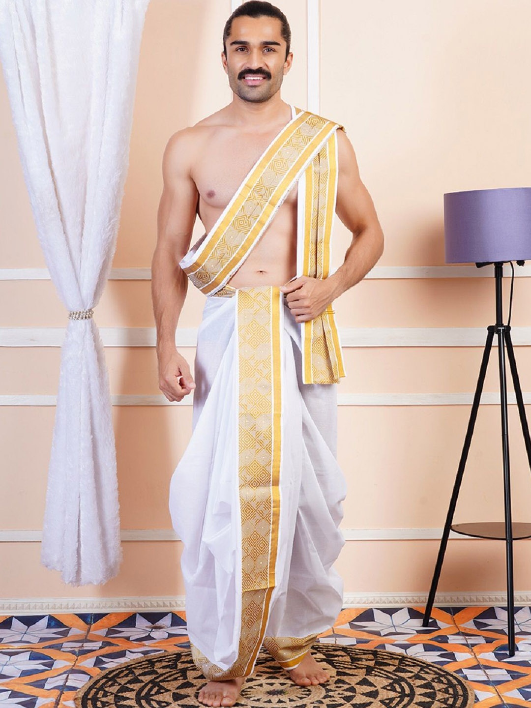 

Ramraj Men Cotton Panchakacham Dhoti Pants With Angavastram, White