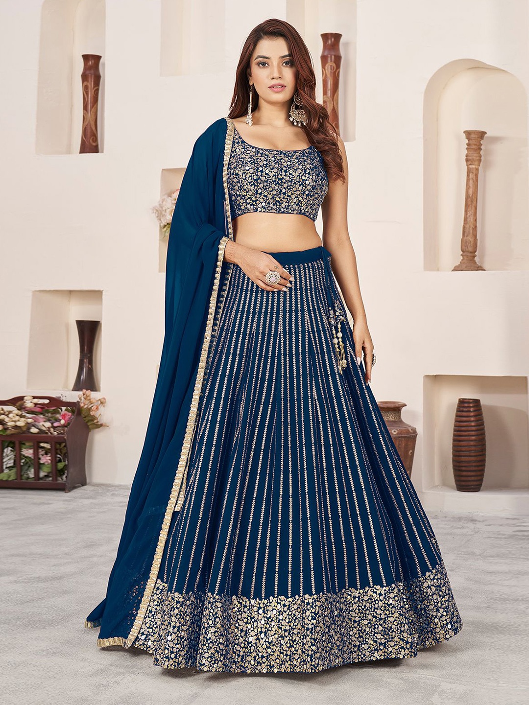 

ODETTE Embellished Sequinned Georgette Semi-Stitched Lehenga & Blouse With Dupatta, Blue