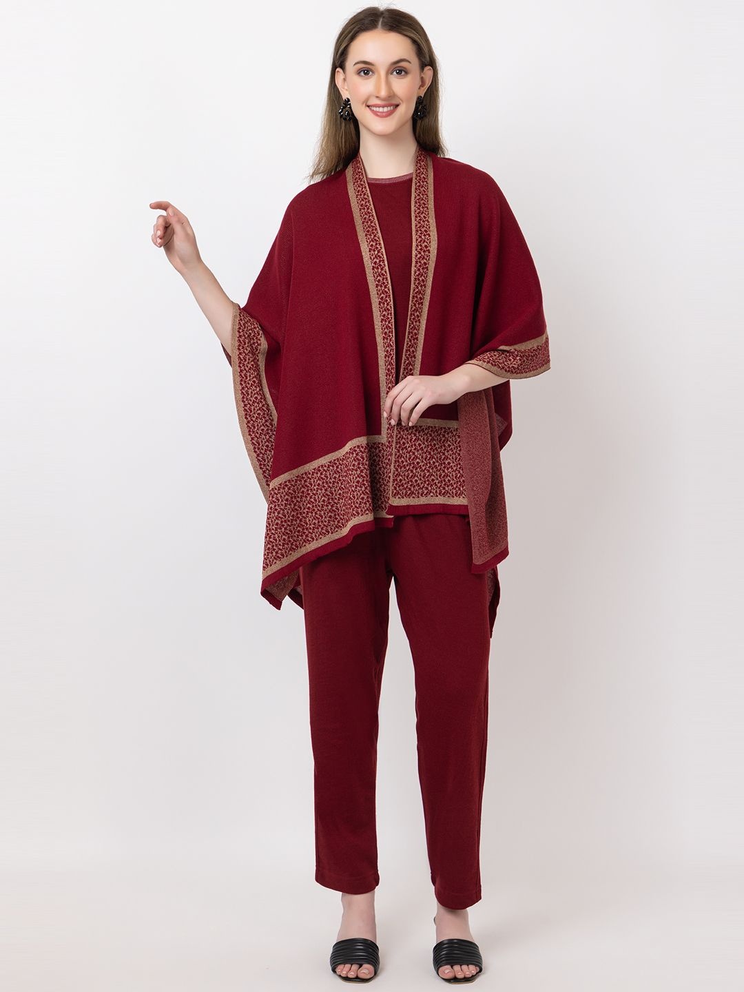 

KEIKO Self Design Open Front Shrug, Maroon