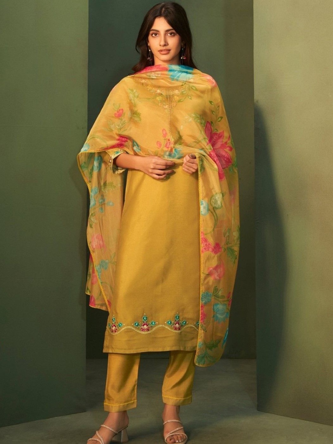 

AUTUMN LANE Floral Embroidered Thread Work Organza Kurta with Trouser & Dupatta, Yellow