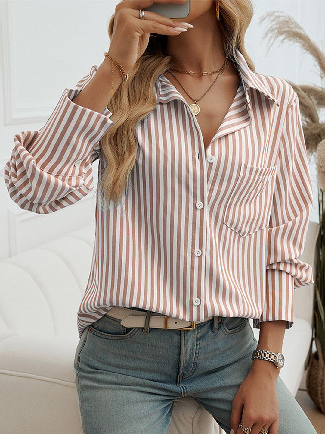 

StyleCast Women Vertical Striped Shirt Collar Top, Peach