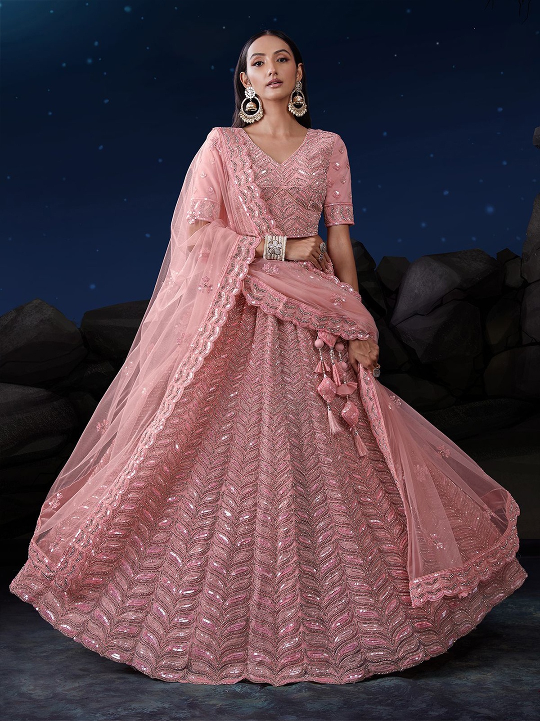 

ODETTE Embellished Sequinned Semi-Stitched Lehenga & Blouse With Dupatta, Pink