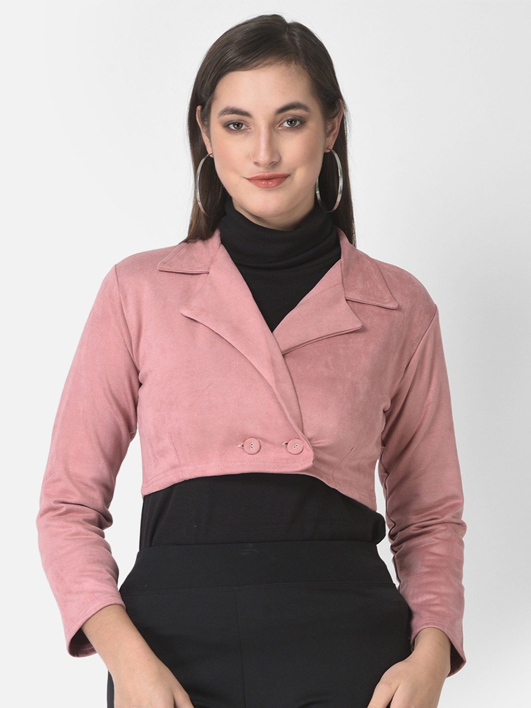 

FNOCKS Women Solid Notched Lapel Collar Crop Woollen Pea Coat, Pink