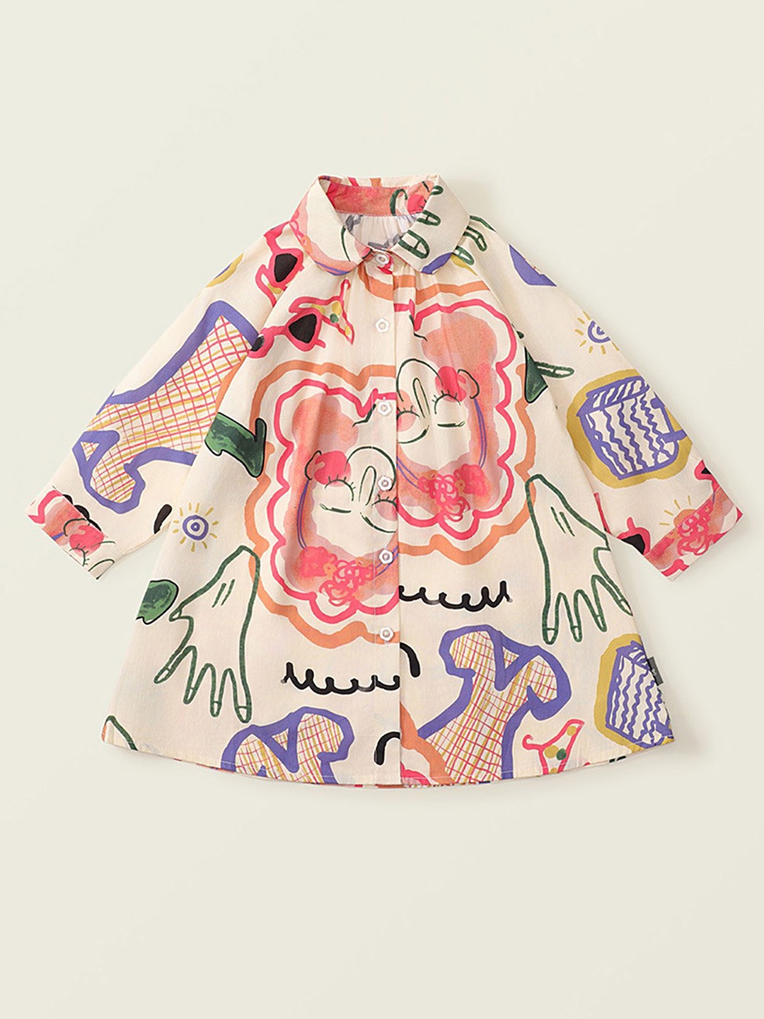 

LULU & SKY Girls Graphic Printed Cotton A-Line Dress, Beige