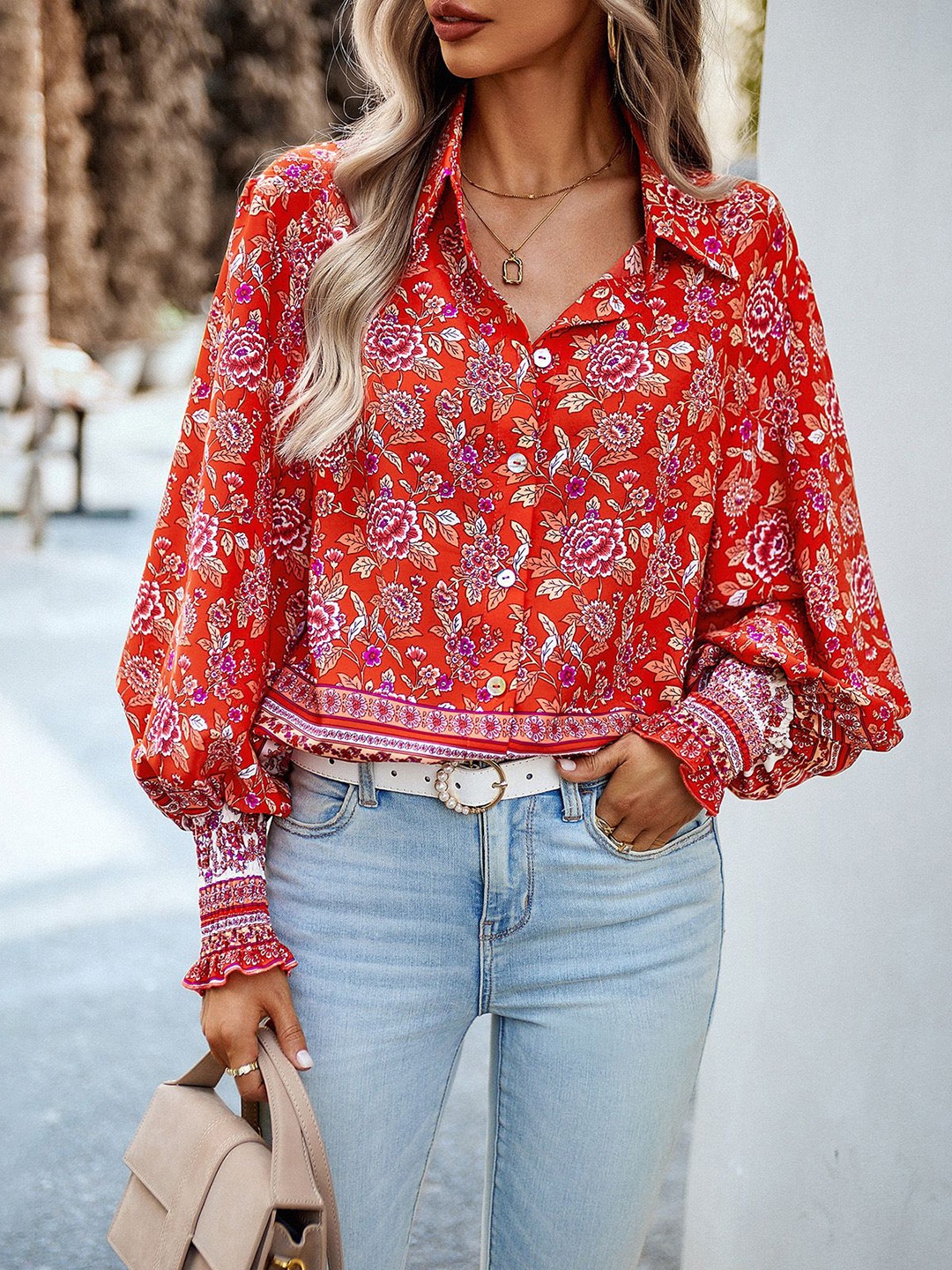 

StyleCast Women Floral Printed Shirt Collar Top, Red