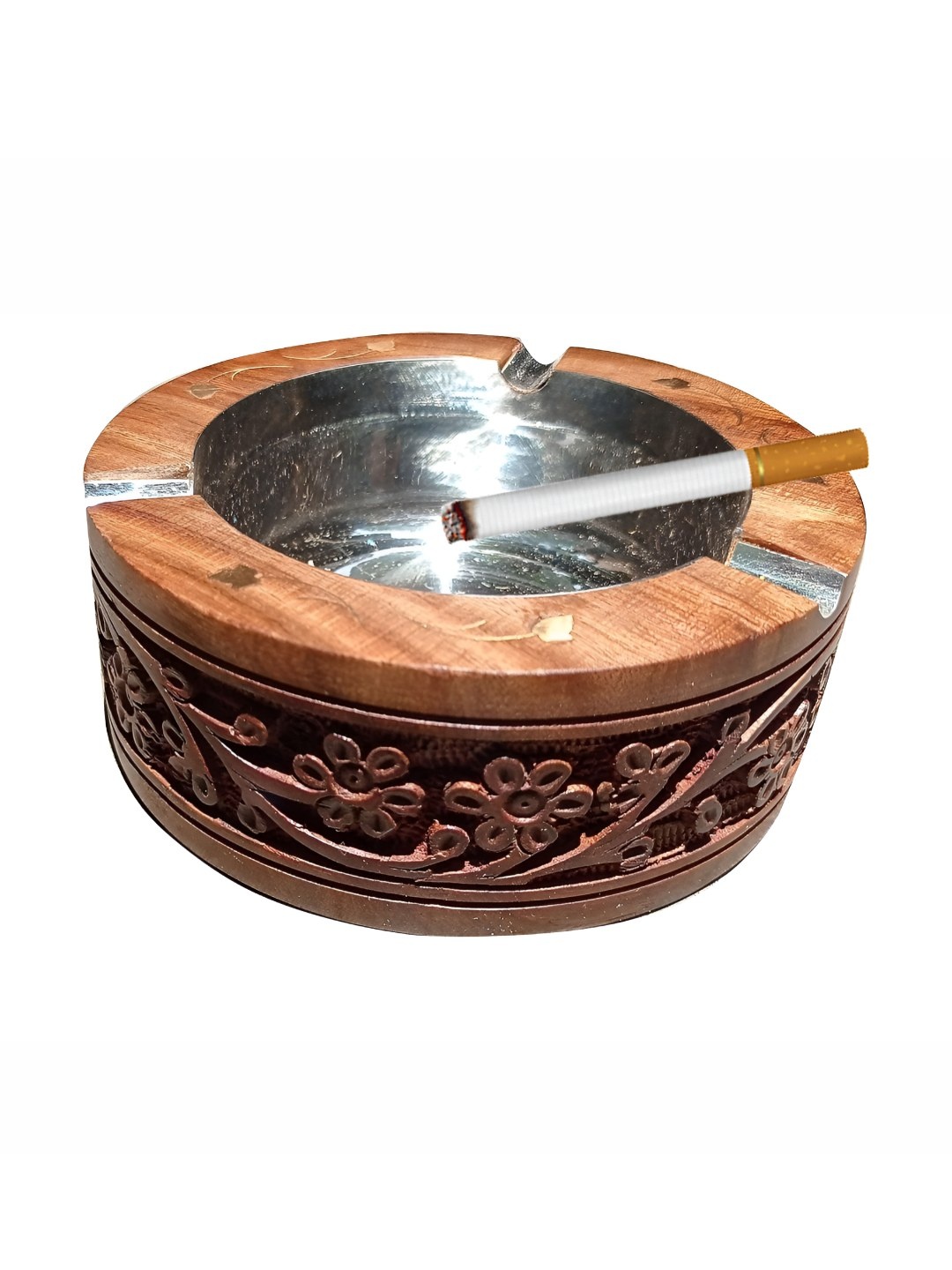 

natureCRAFTS Brown Floral Textured Round Shaped Wooden Ash Tray