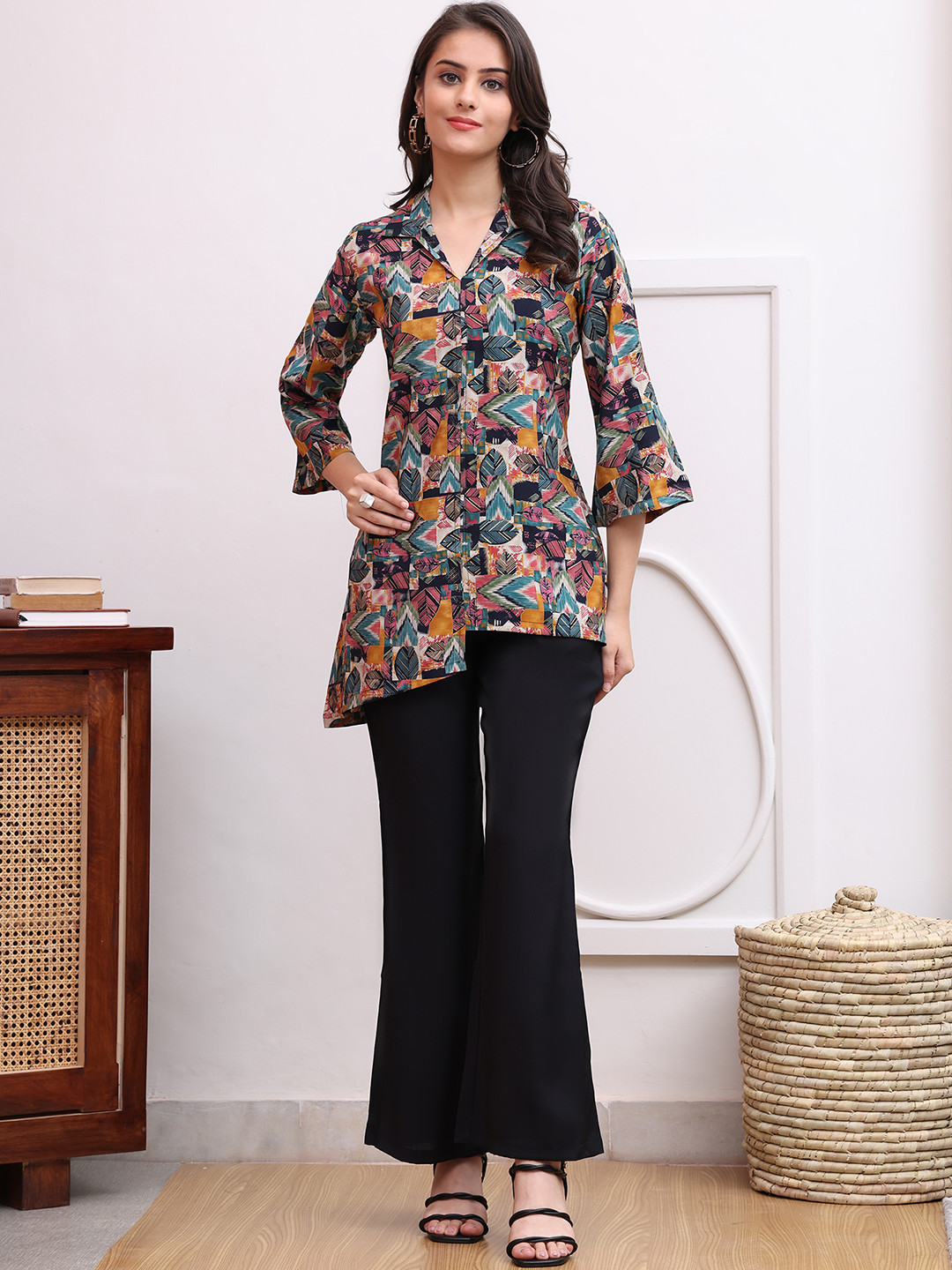 

Claura Printed Shirt Collar Neck Tunic With Trousers Co-Ords, Black
