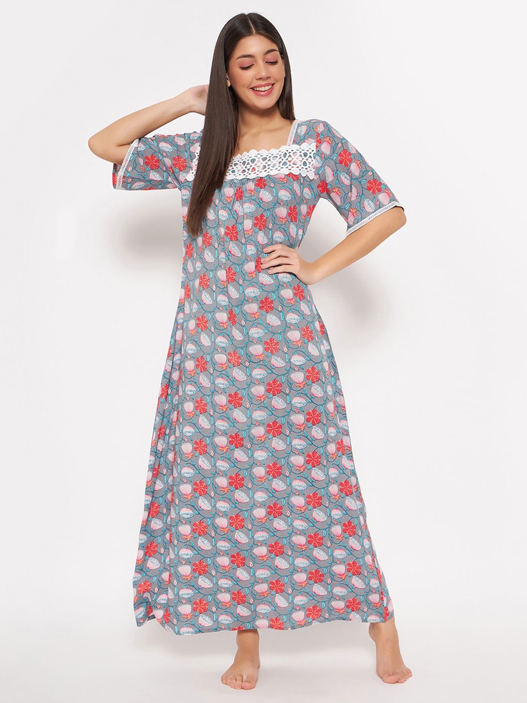 

Clovia Printed Maxi Nightdress, Grey