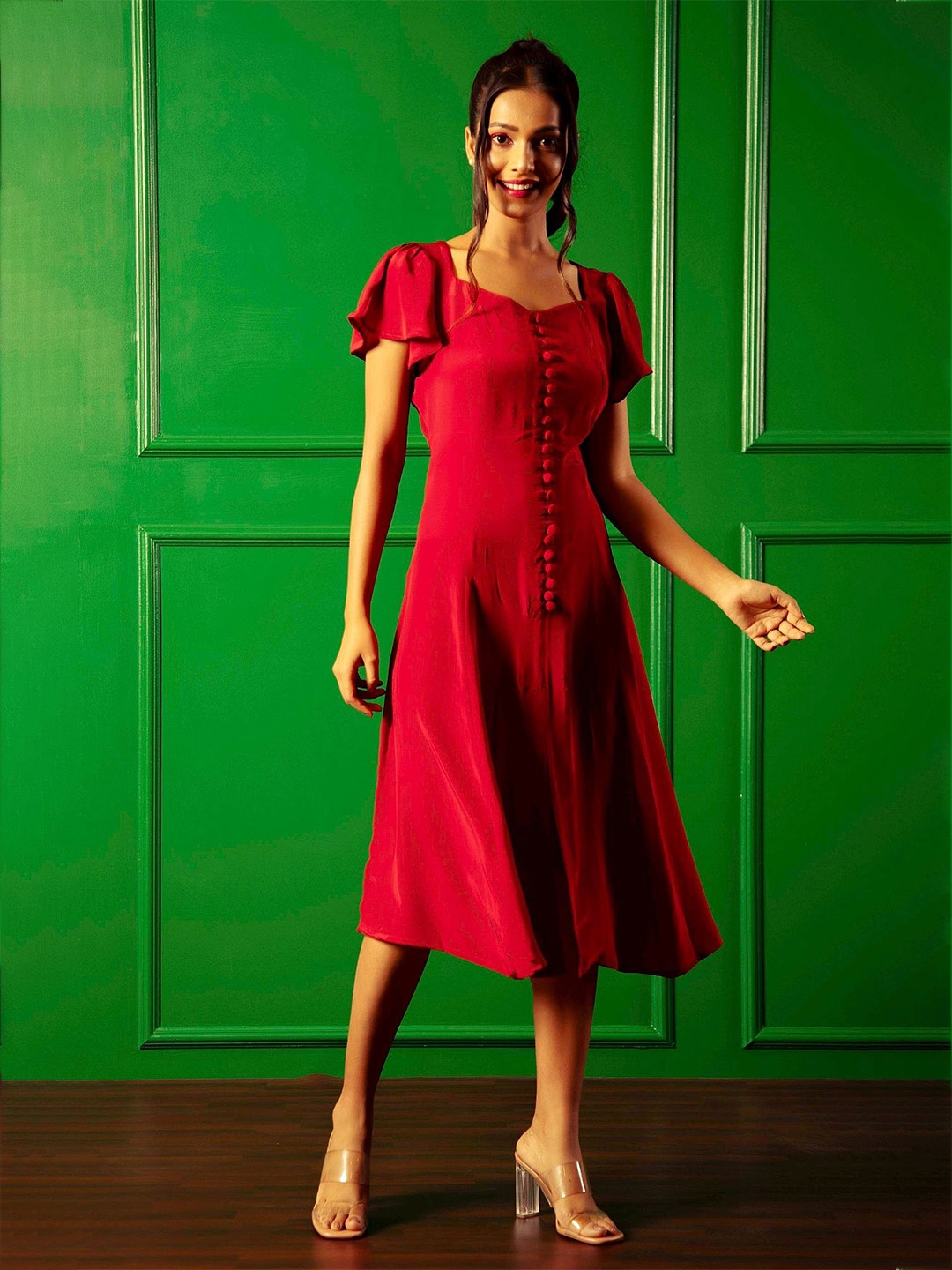 

Urban Sundari Women Solid Flared Sleeve A-Line Knee Length Dress, Red