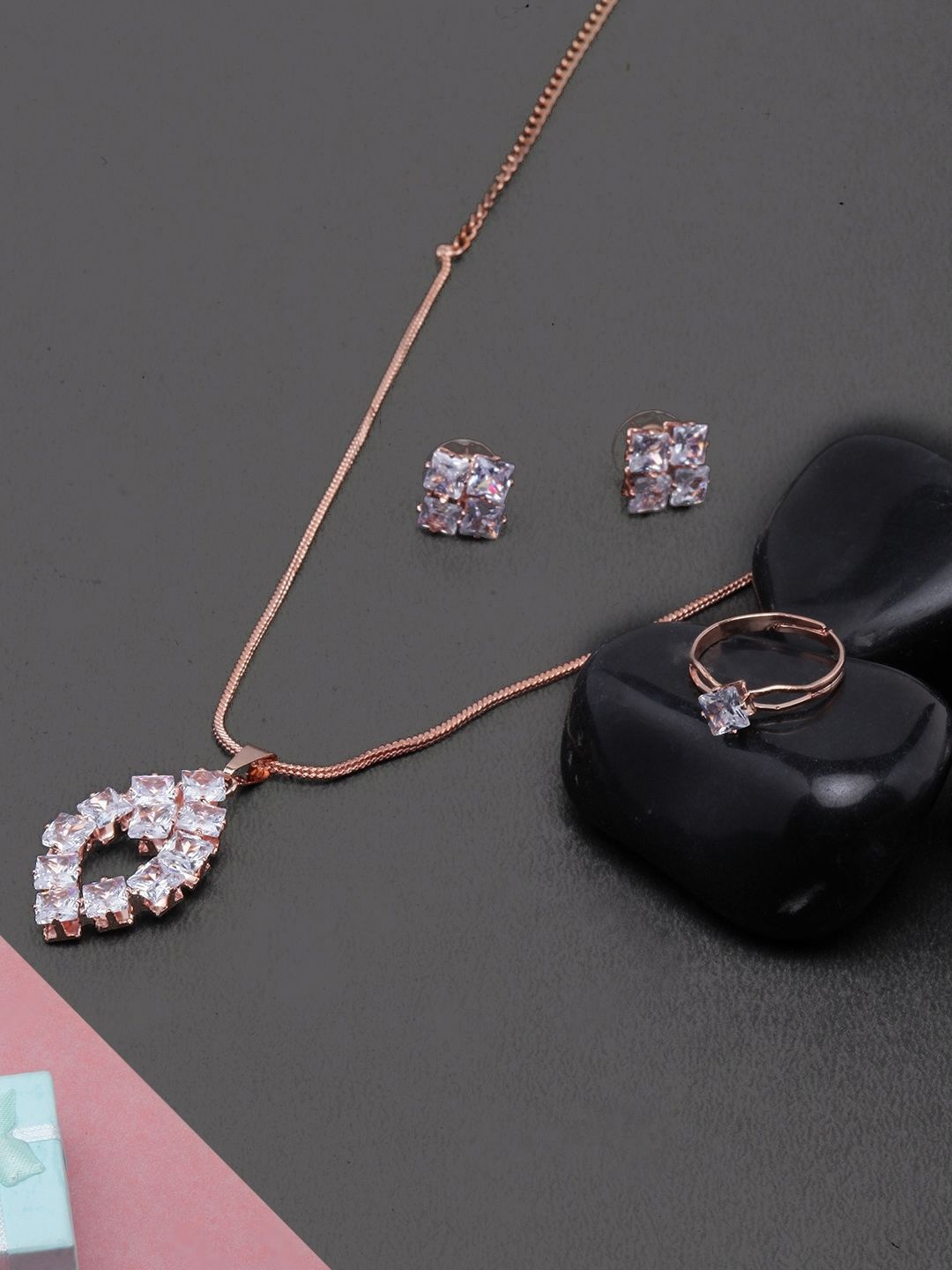 

KPOP Rose Gold-Plated Stone Studded Necklace & Earrings With Finger Ring