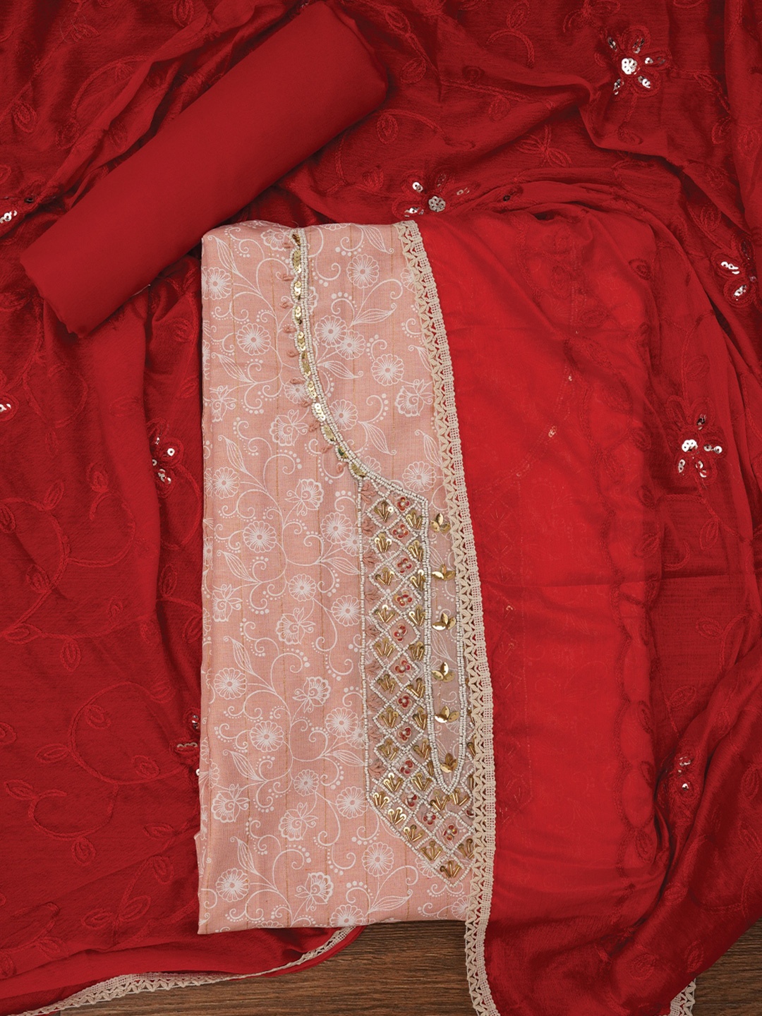 

Jaipur Kurti Embellished Cotton Blend Dress Material with Dupatta, Peach