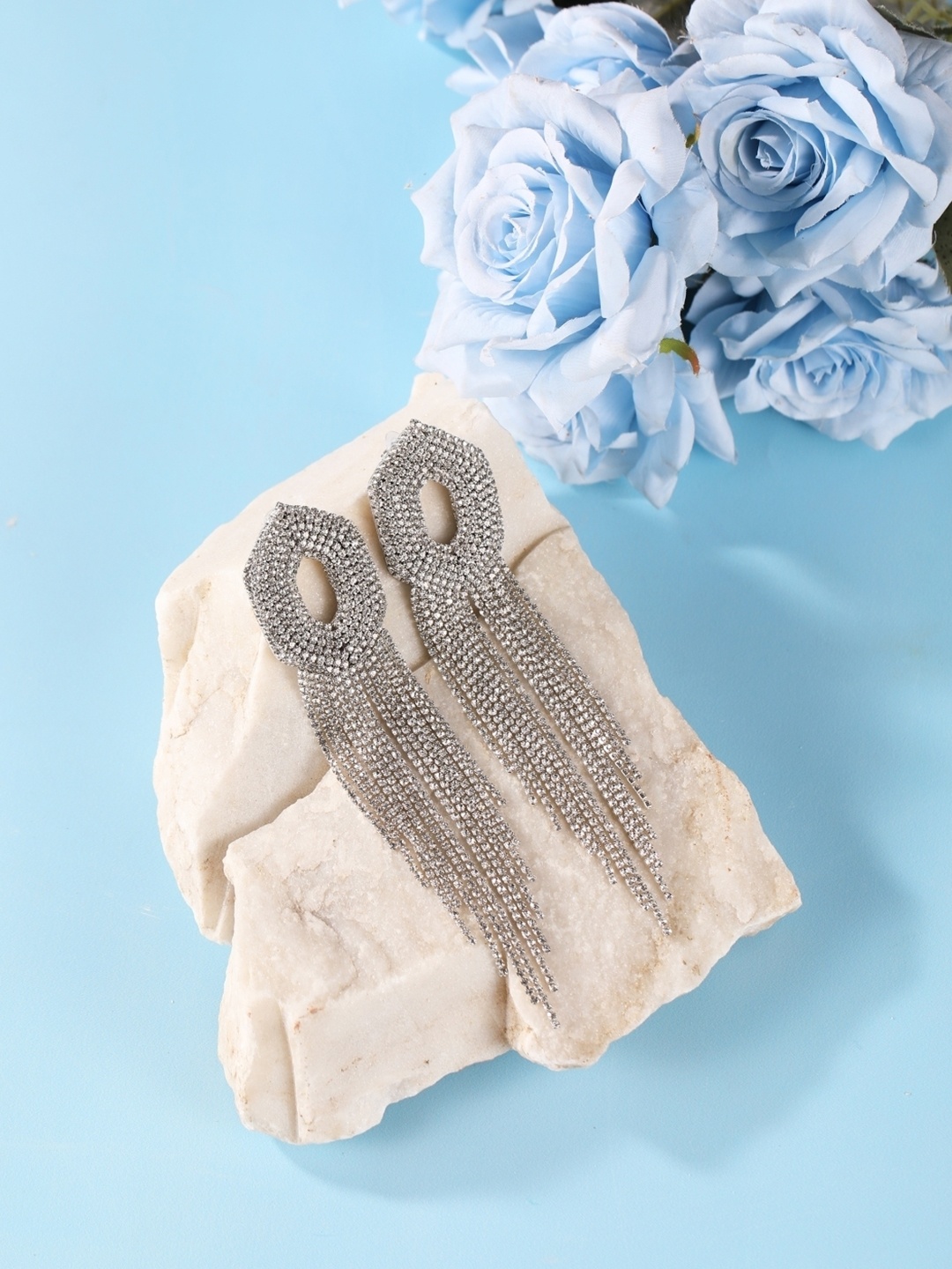 

KPOP Silver-Plated Contemporary Rhinestone Studded Drop Earrings