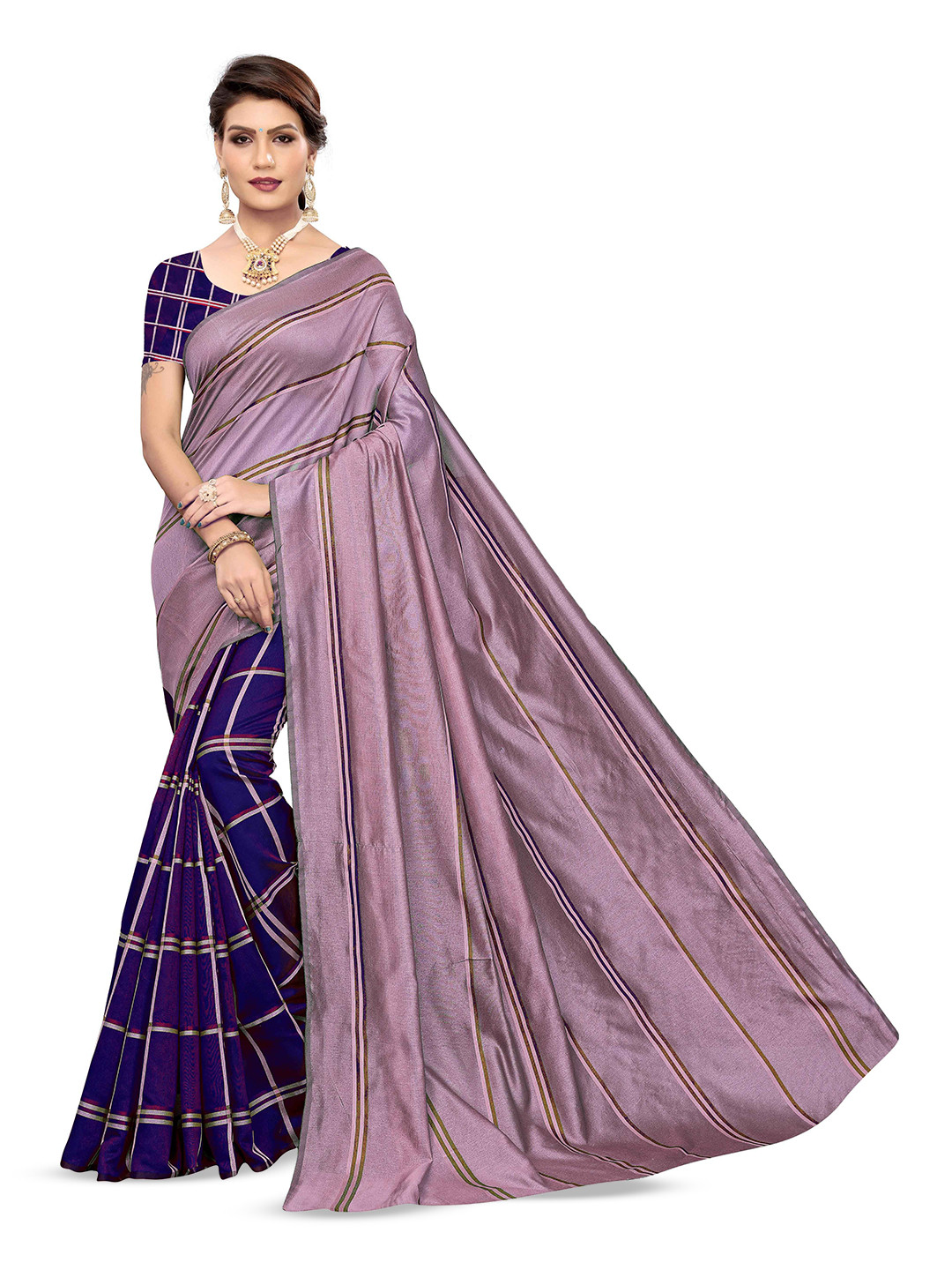 

Maroosh Checked Half and Half Saree with unstitched blouse piece, Blue