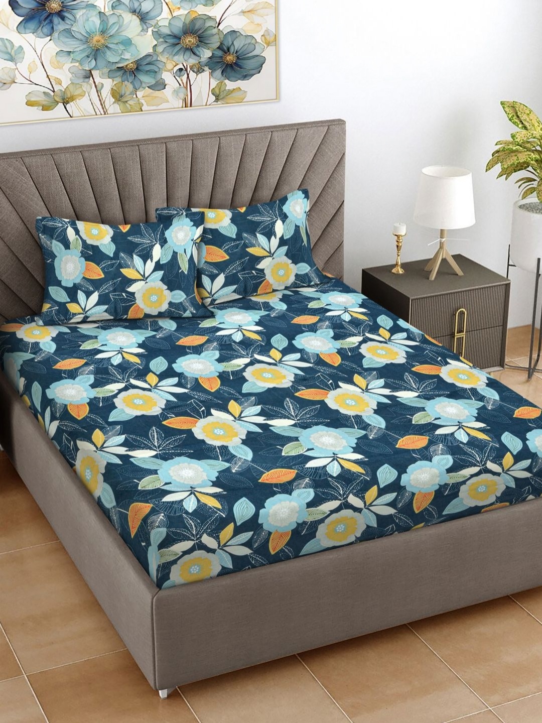 

FABINALIV Blue Floral 300 TC King Bedsheet with 2 Pillow Covers 2.50 m X 2.20 m