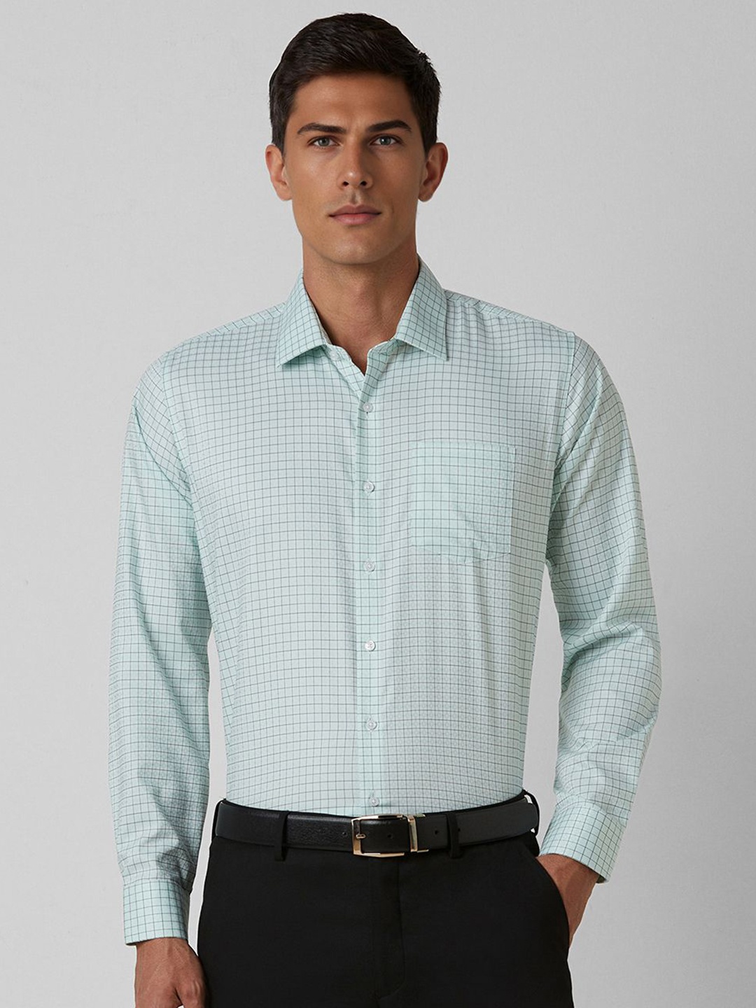 

Van Heusen Men Spread Collar Checked Cotton Slim Fit Formal Shirt, Green