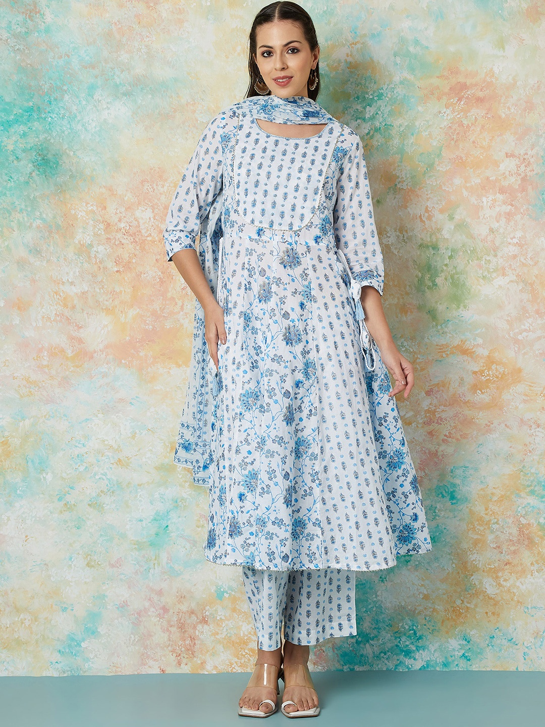 

Melange by Lifestyle Ethnic Motifs Printed Pure Cotton A-Line Kurta with Pyjamas & Dupatta, Off white