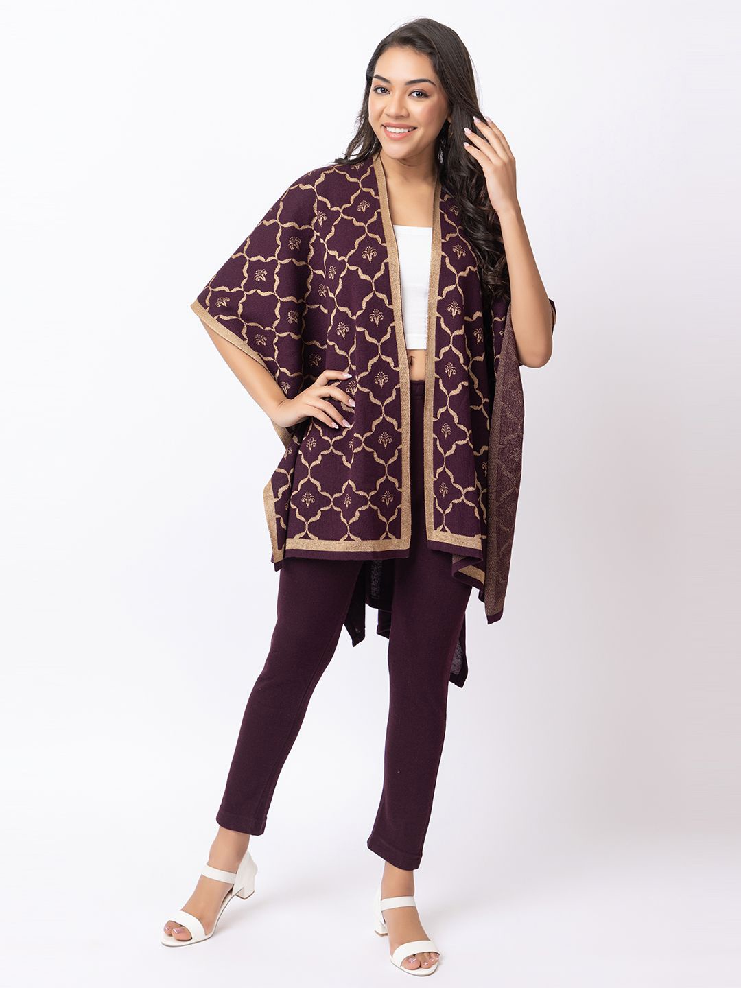 

KEIKO Self Design Front Open Shrug, Burgundy