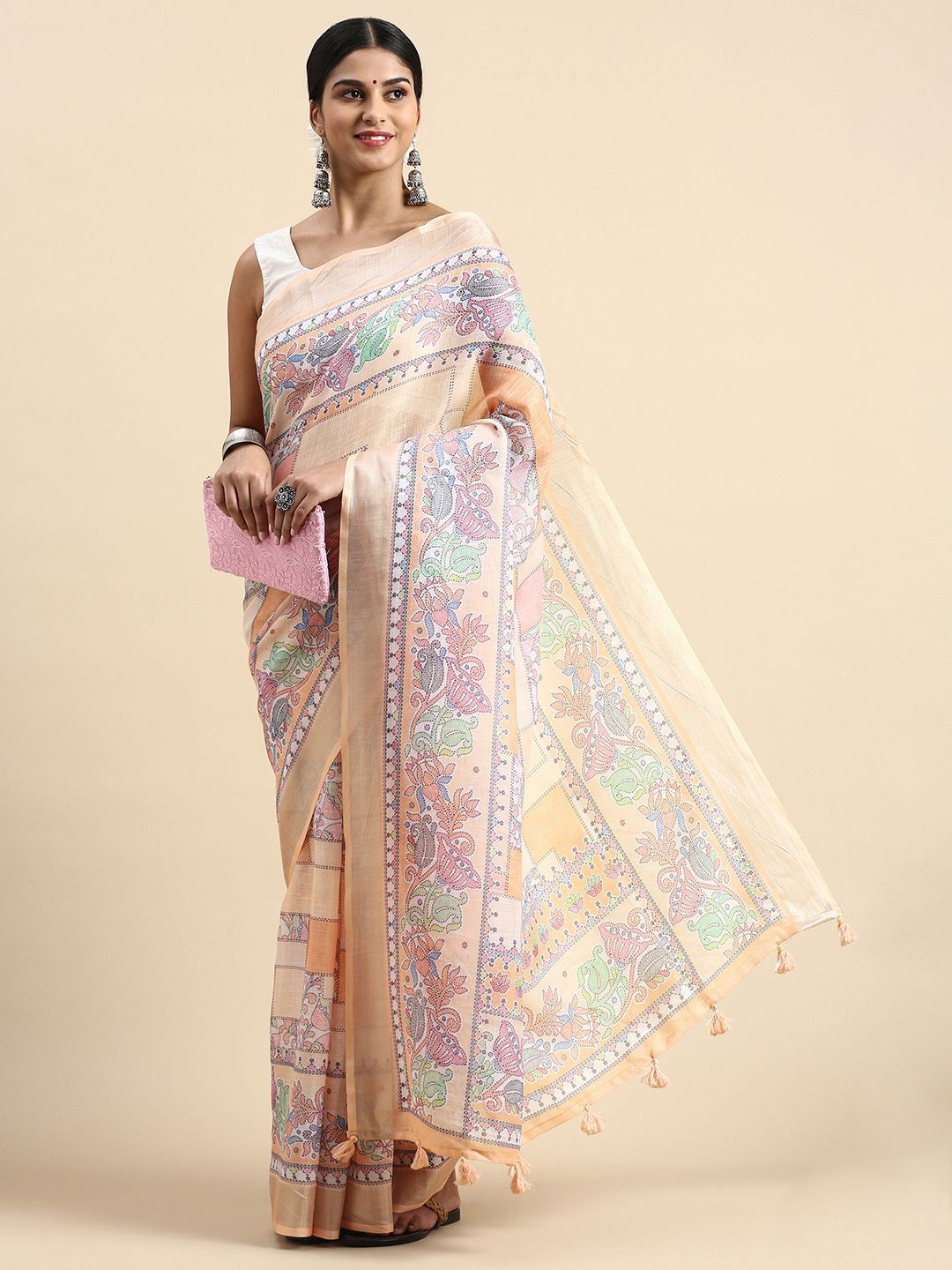 

AWRIYA Ethnic Motifs Pure Linen Saree, Peach