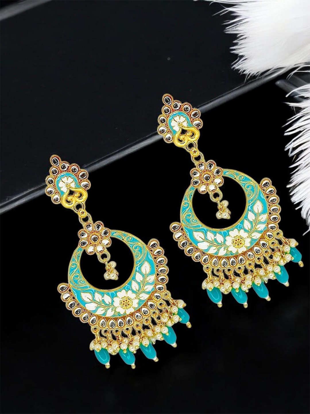 

9blings Gold Plated Kundan Studded Crescent Shaped Chandbalis, Blue