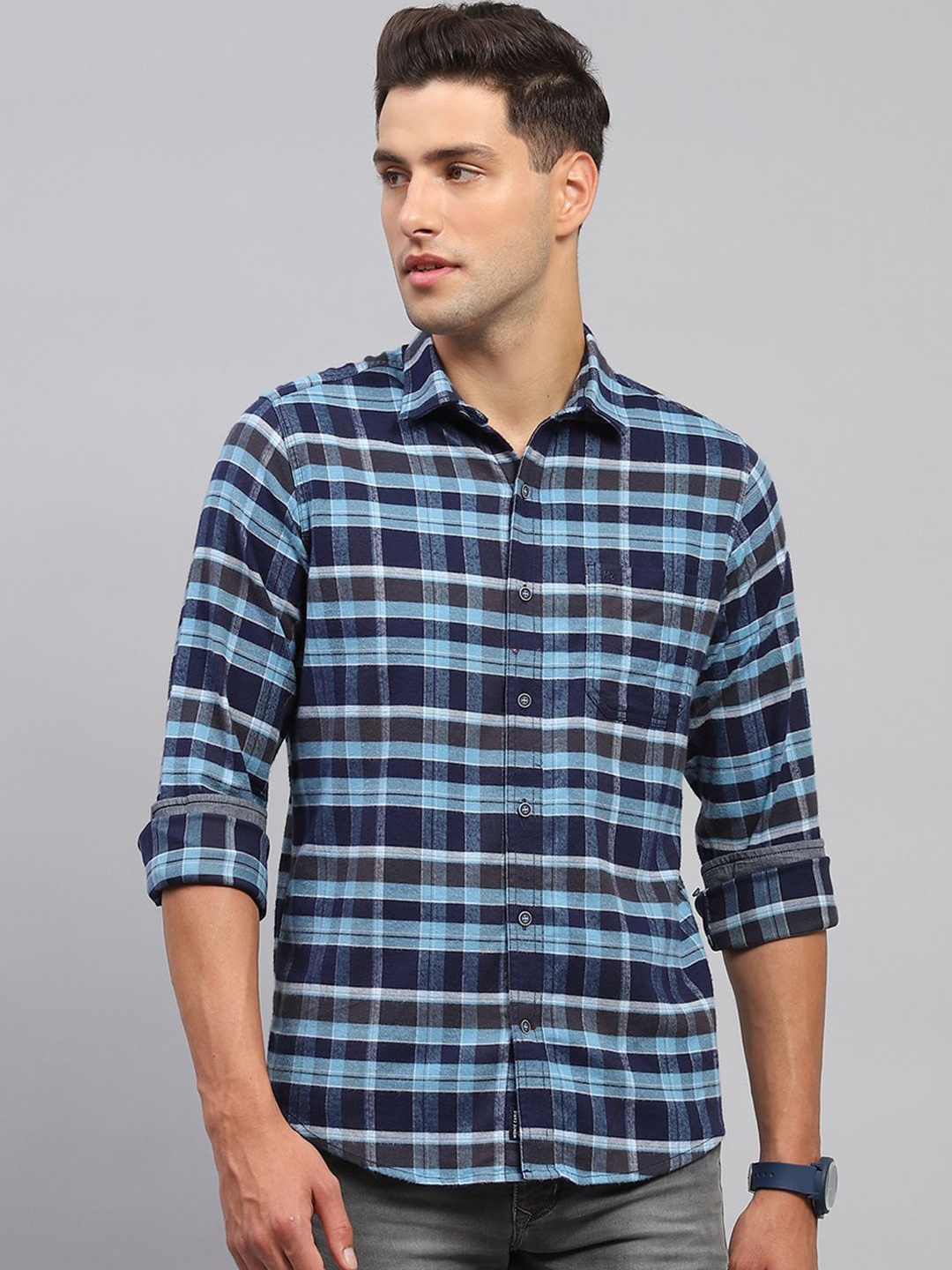 

Monte Carlo Men Spread Collar Tartan Checked Cotton Casual Shirt, Blue