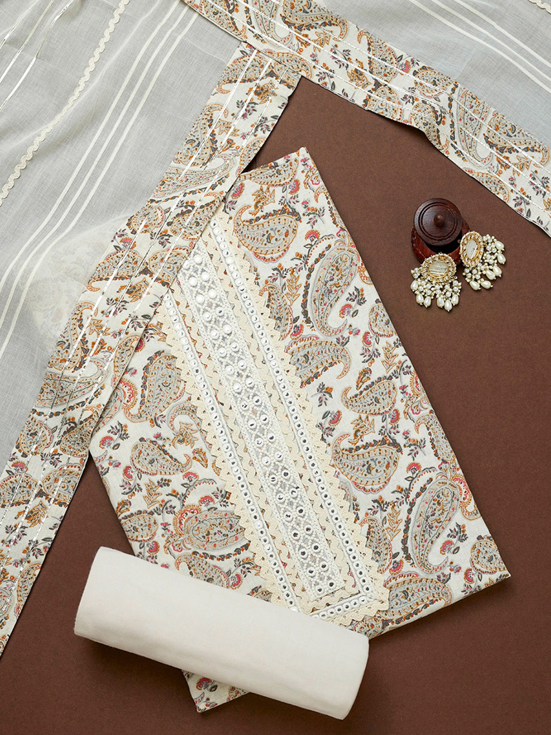 

Soch Paisley Printed Mirror Work Pure Cotton Unstitched Dress Material, Off white