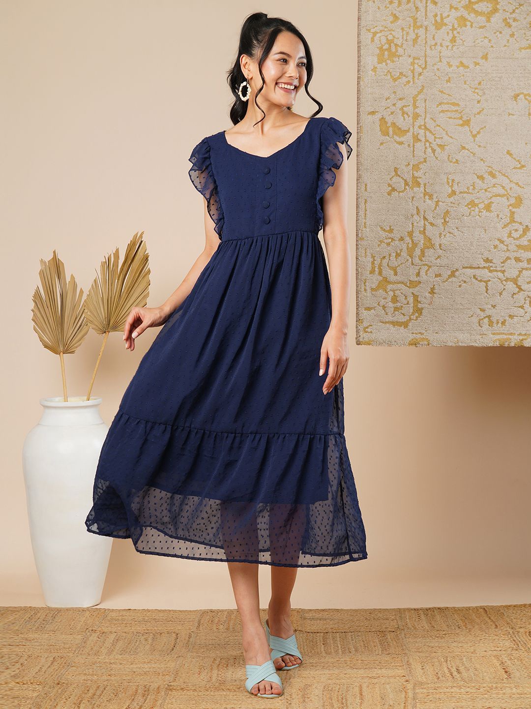 

CARTYSHOP Women Ruffles Detail Flounce Fit & Flare Midi Dress, Blue