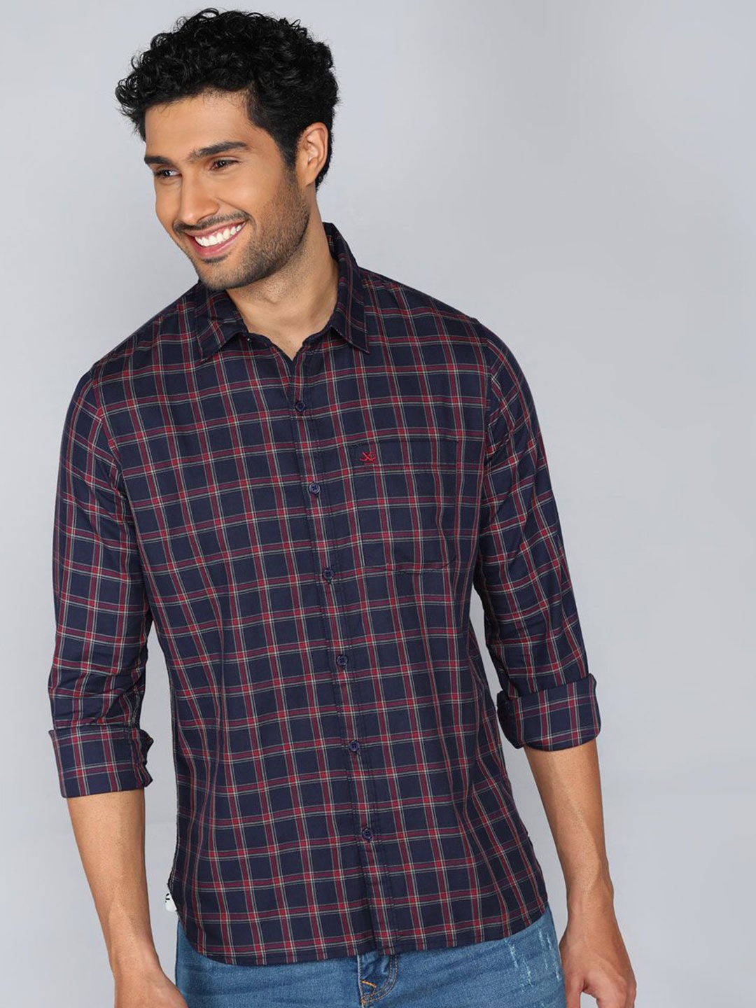 

WROGN Men Spread Collar Gingham Checked Cotton Casual Shirt, Navy blue
