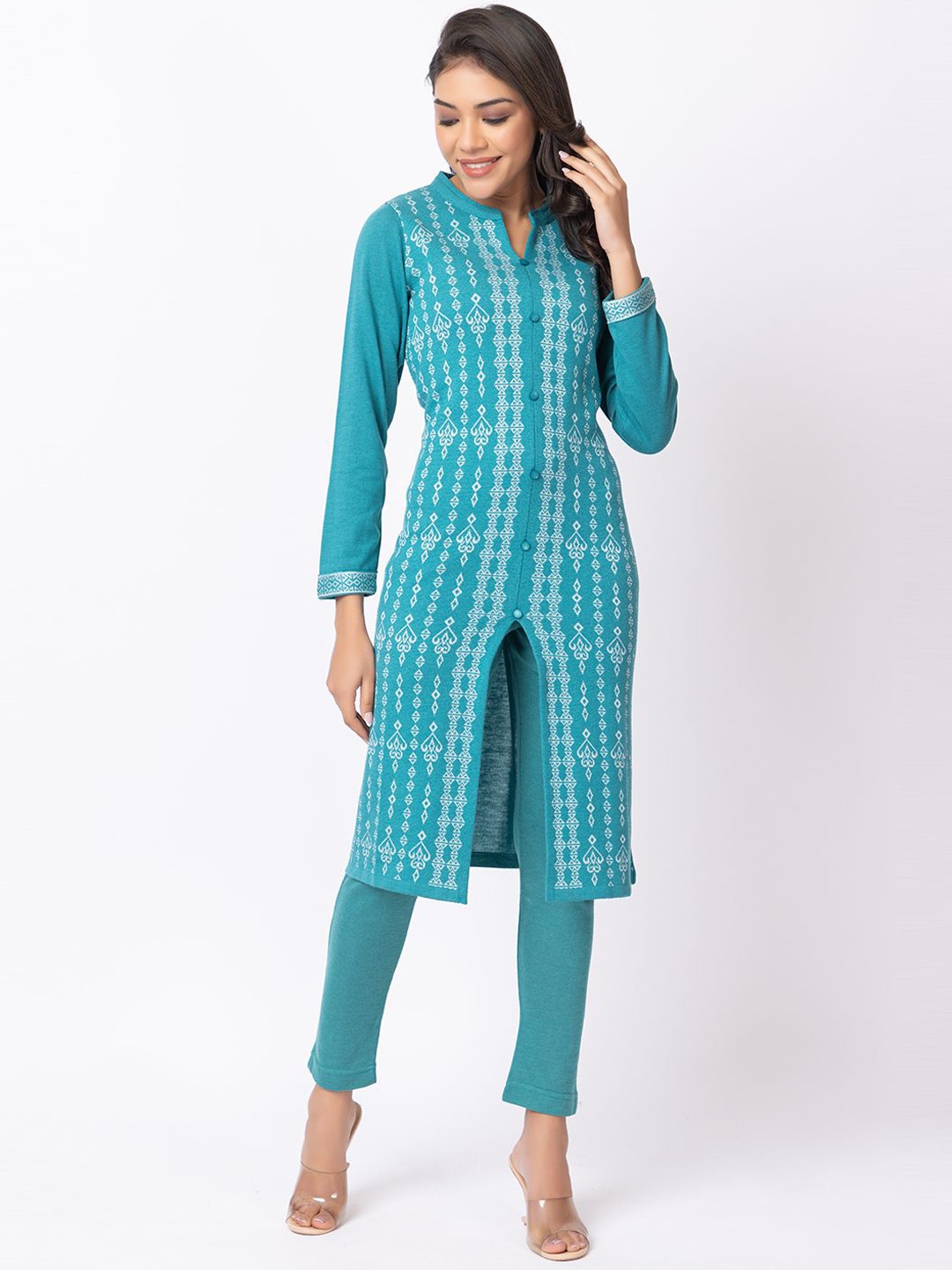 

KEIKO Ethnic Motifs Woven Design Mandarin Collar Acrylic Straight Kurta with Trousers, Green