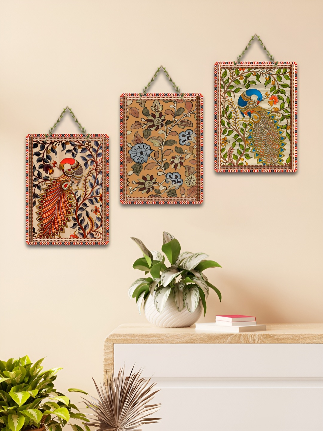 

ArtVibes Blue & Green 3 Pieces Kalamkari Printed Wooden Wall Hangings