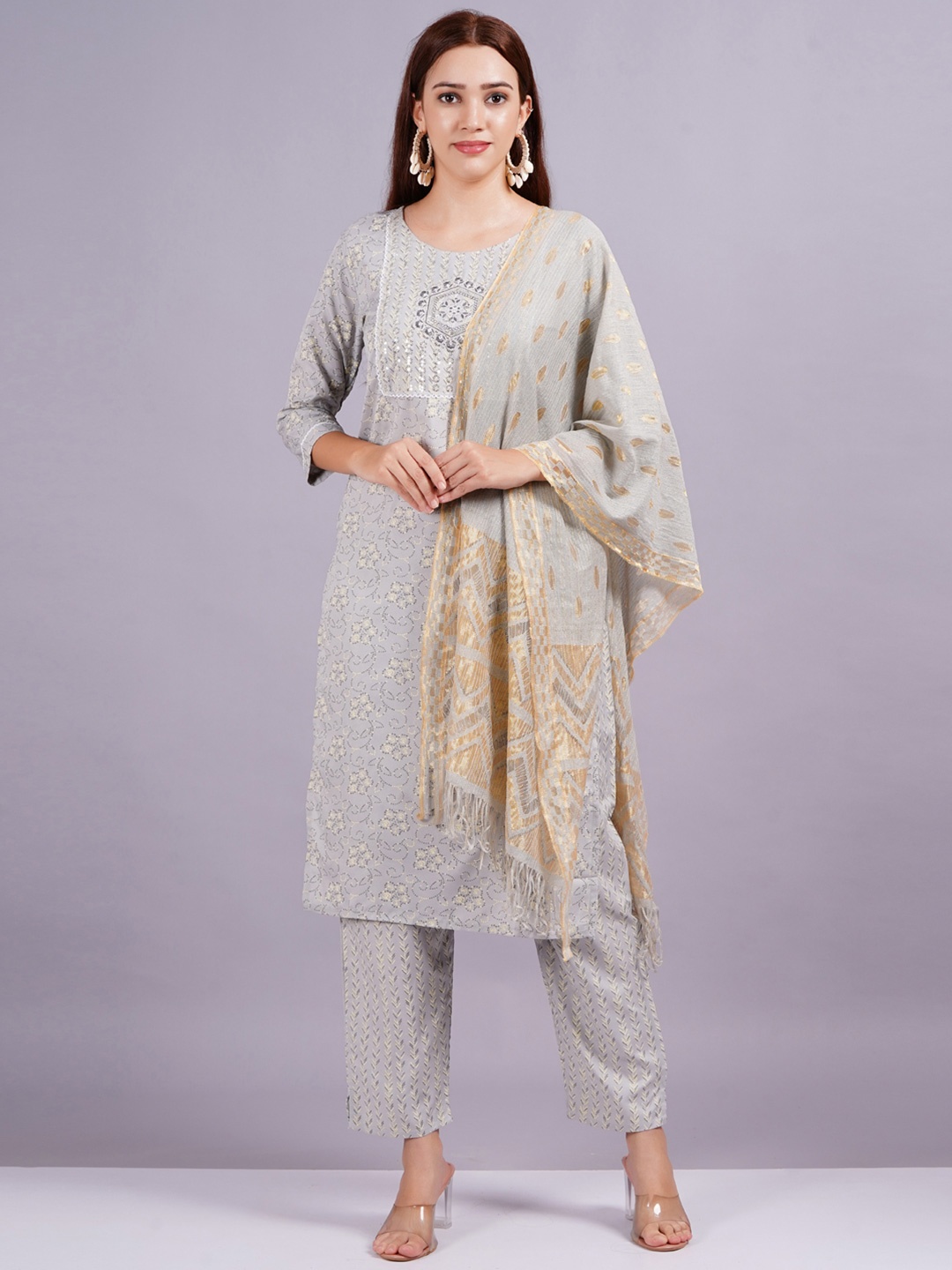 

HIGHLIGHT FASHION EXPORT Printed Regular Patchwork Straight Kurta with Trousers & Dupatta, Grey