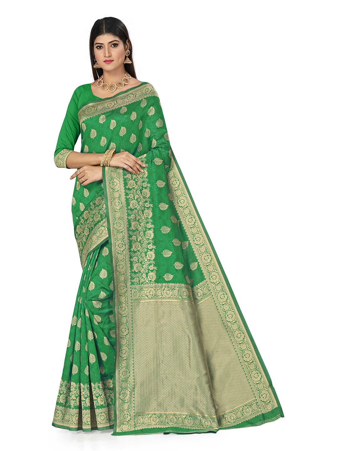 

Maroosh Floral Zari Silk Banarasi Saree, Green