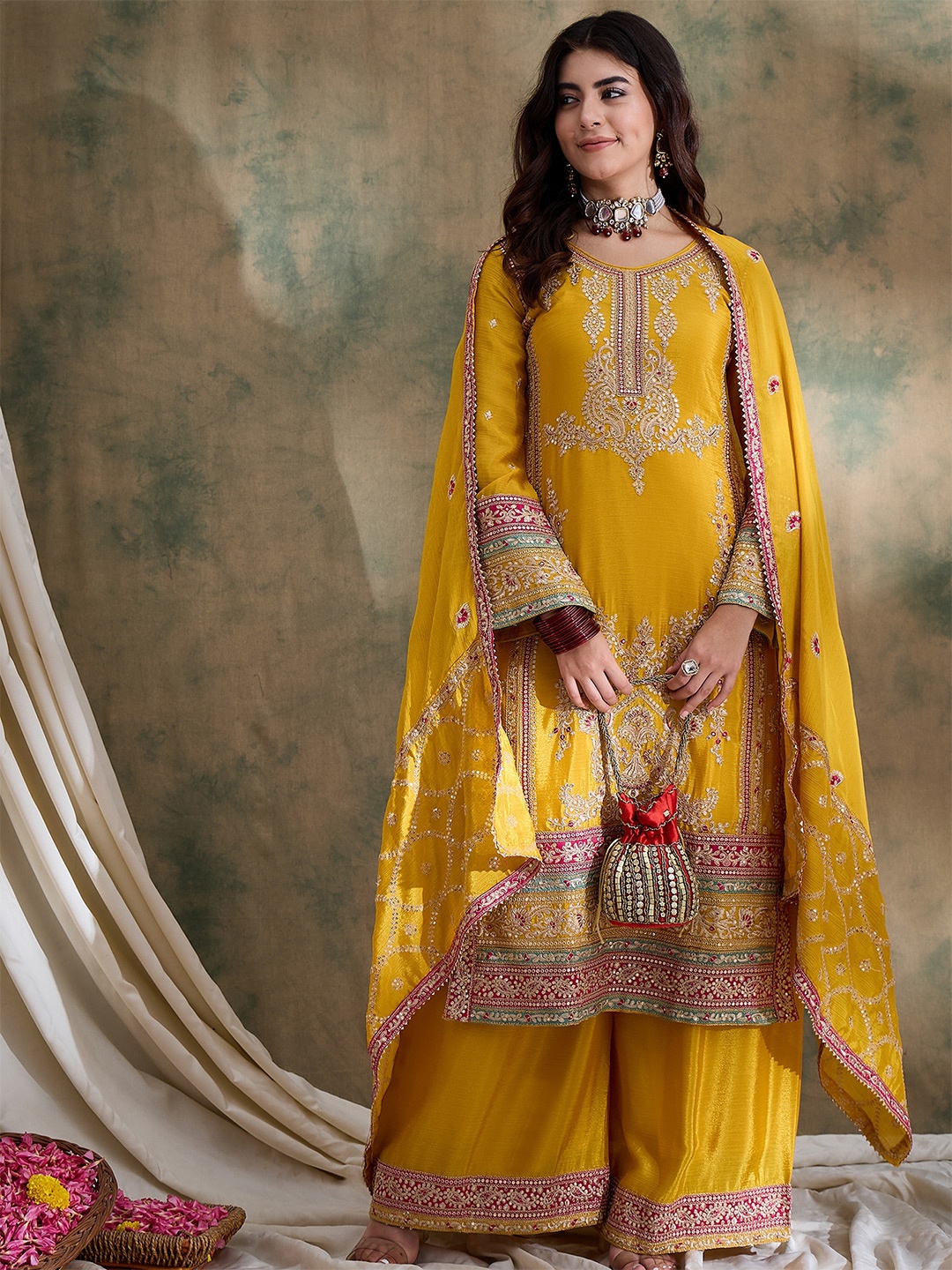 

Miss Ethnik Ethnic Motifs Embroidered Thread Work Straight Kurta with Palazzos & Dupatta, Yellow