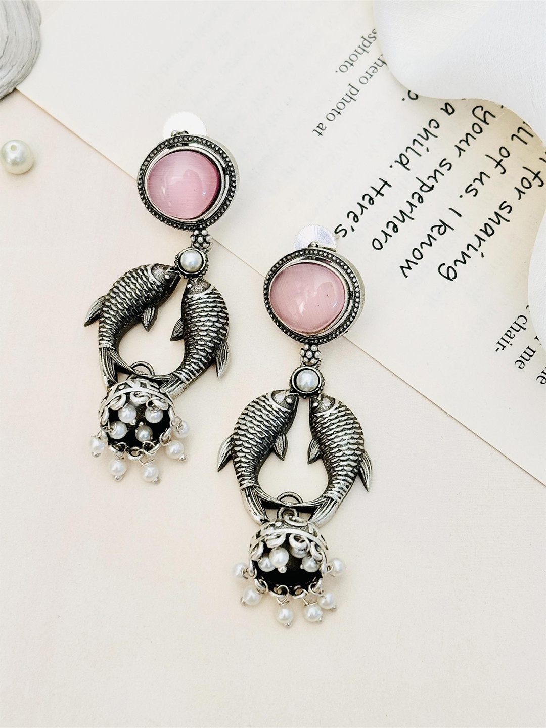 

ABDESIGNS Silver-Plated Studded And Beaded German Silver Oxidised Drop Earrings