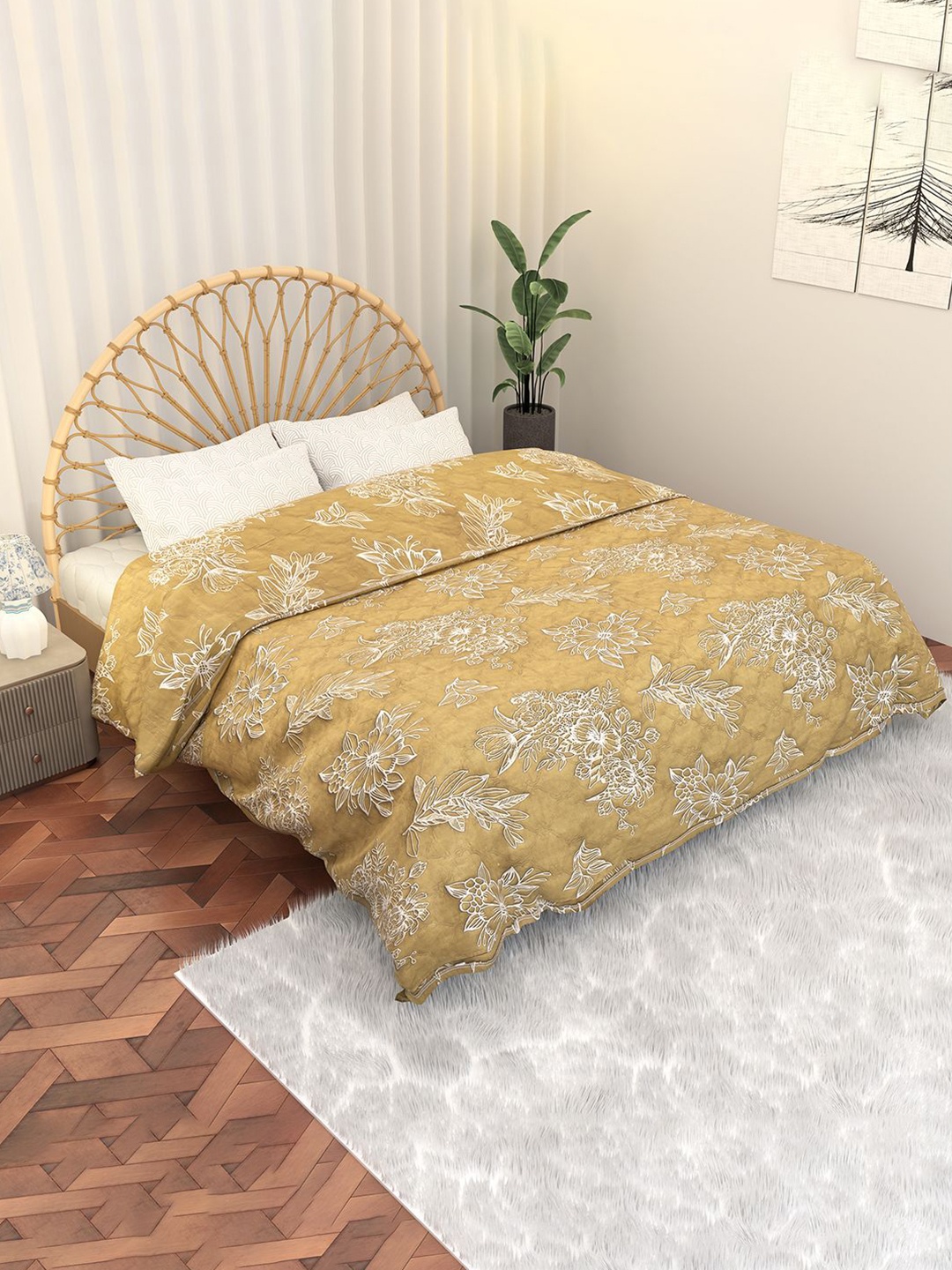 

Kuber Industries Beige & White Floral Microfiber Summer 210 GSM Double Bed Blanket