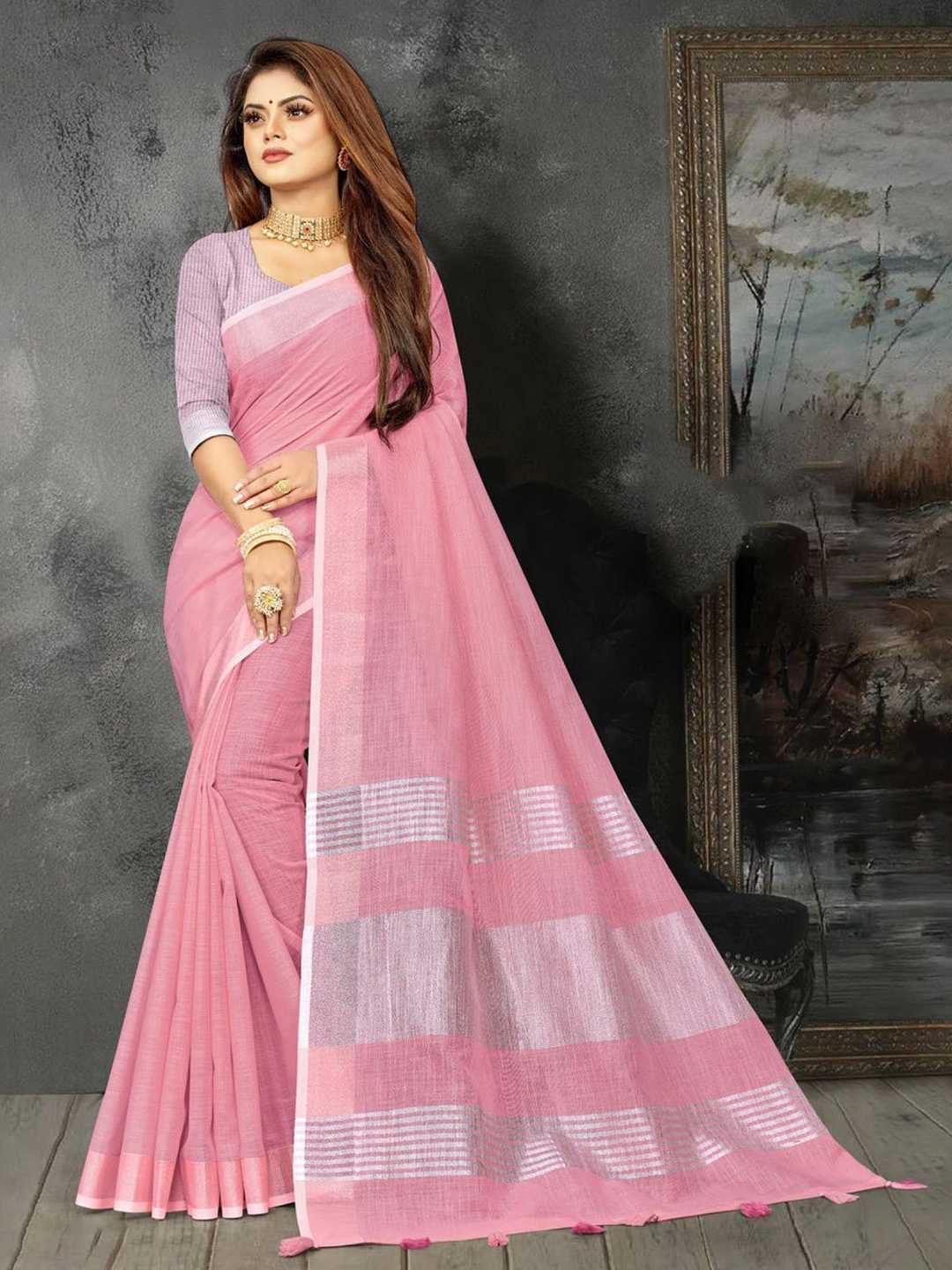 

Fashion Petals Woven Design Zari Tussar Saree, Pink