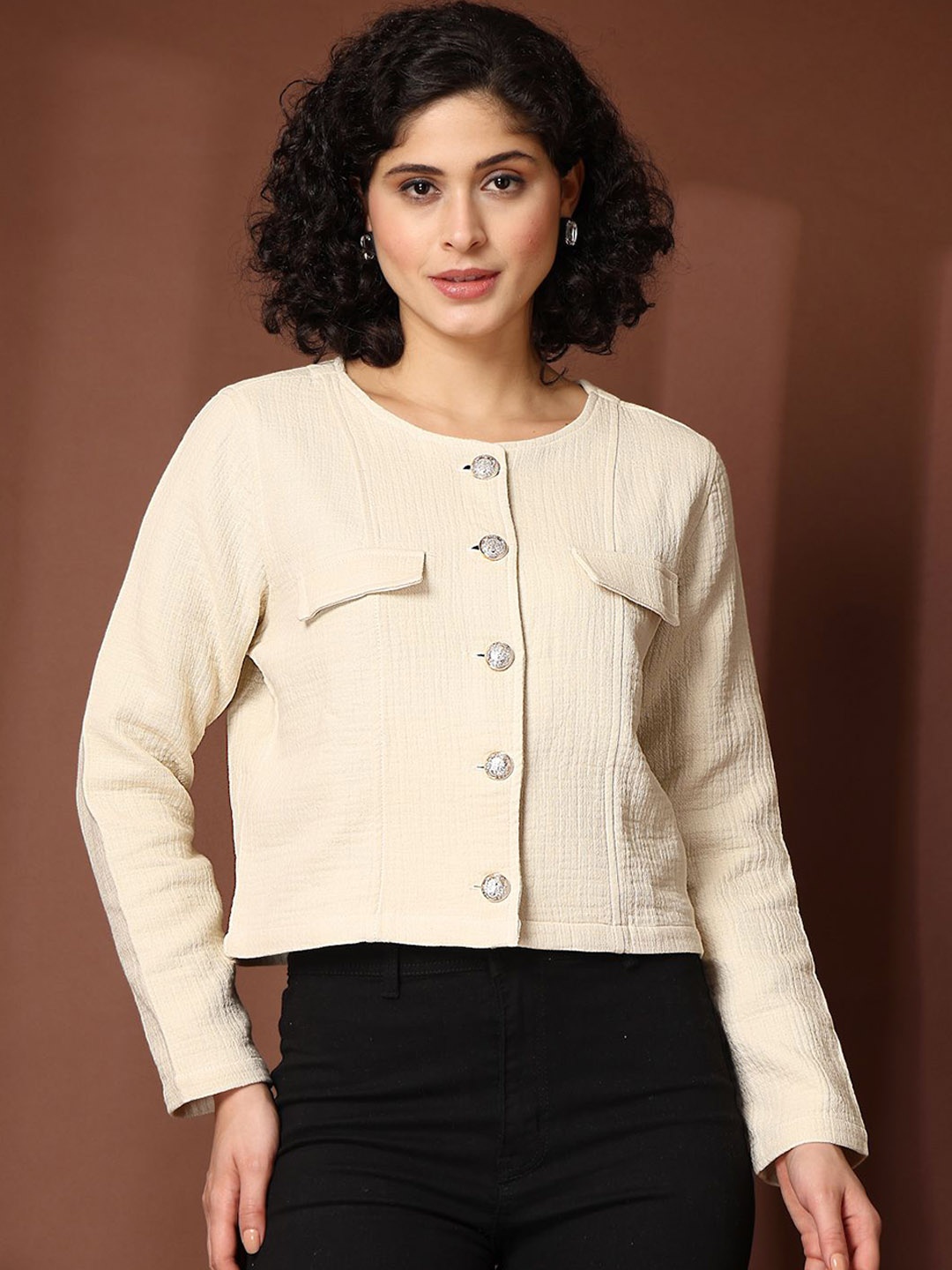 

plusS Beige Round Neck Cotton Single Breasted Crop Tailored Fit Blazer
