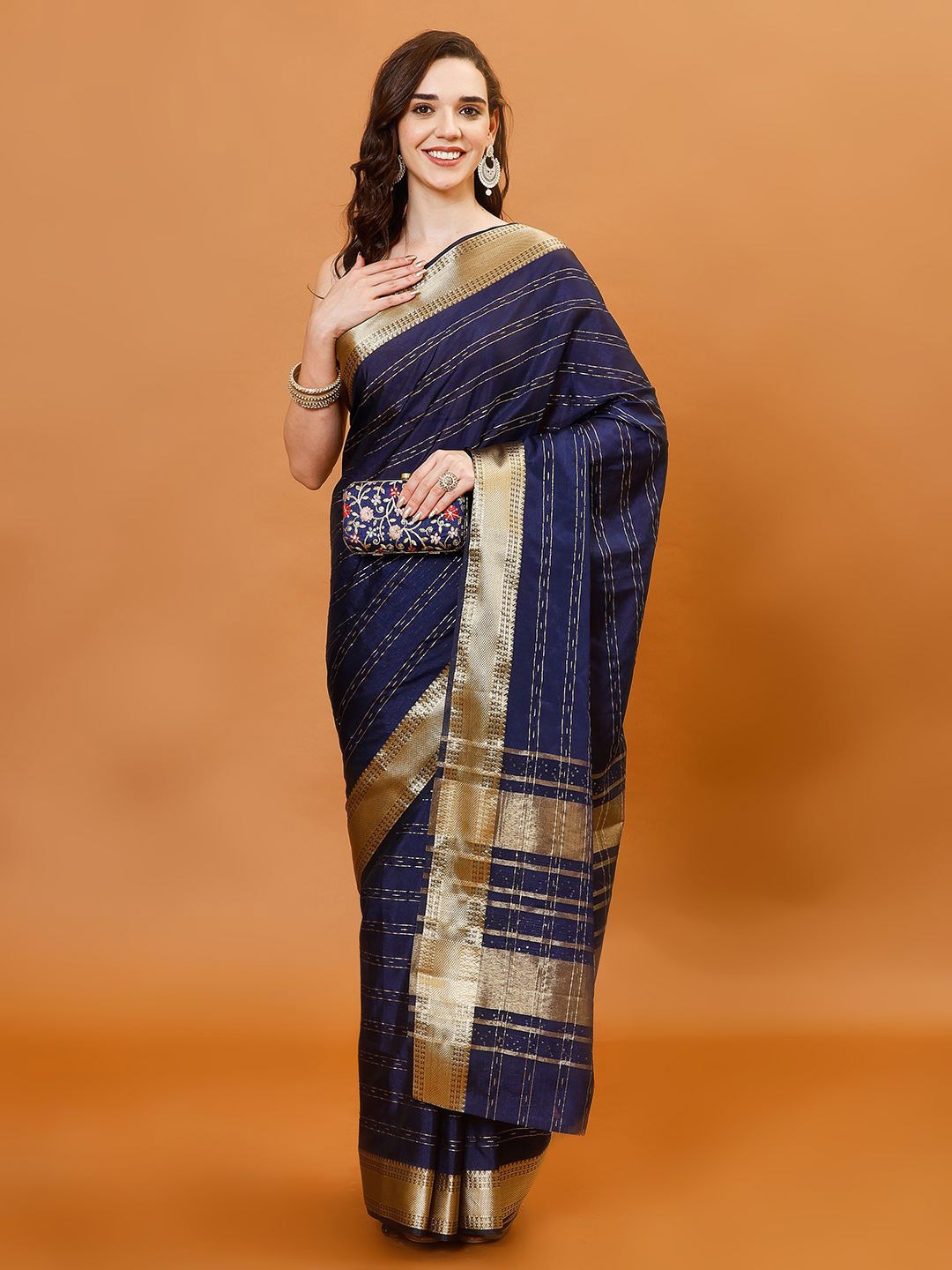 

Meena Bazaar Stripes Woven Design Organza Saree, Navy blue