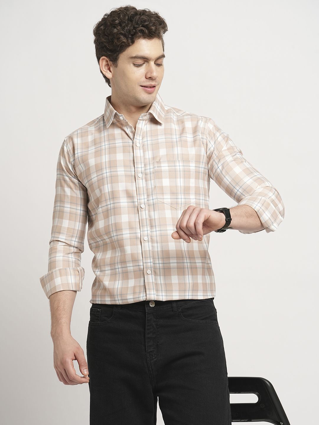 

TRYBUY.IN Men Standard Spread Collar Tartan Checked Cotton Casual Shirt, Beige