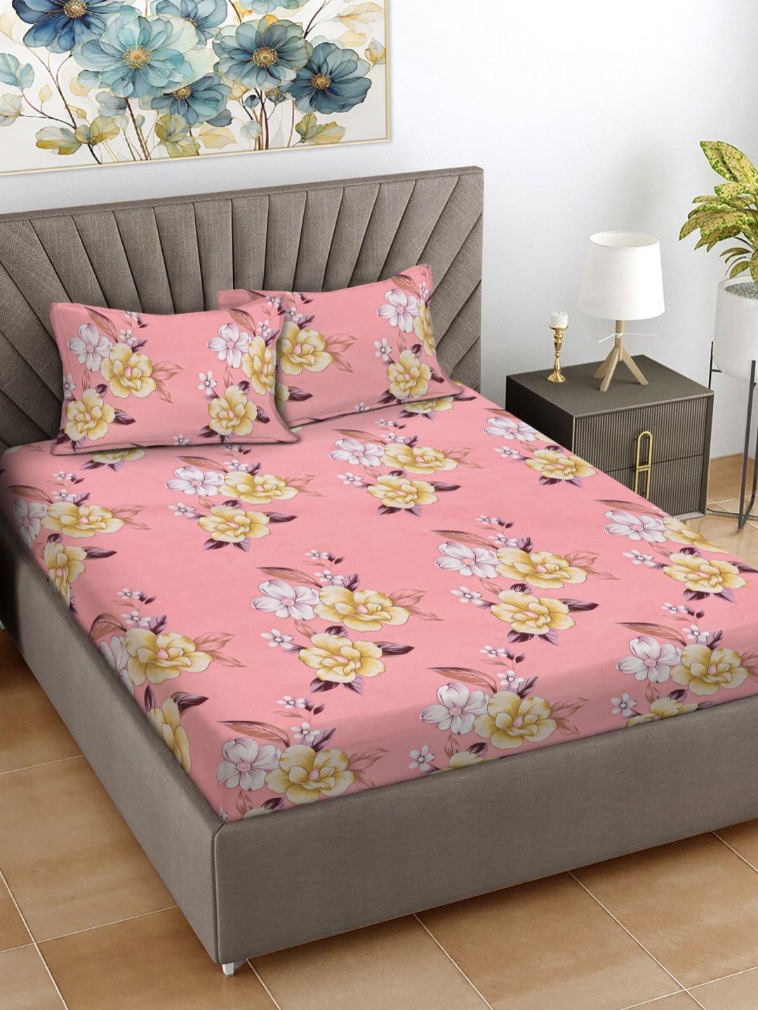

FABINALIV Pink Floral 300 TC Double King Bedsheet With 2 Pillow Covers 2.50 m X 2.20 m